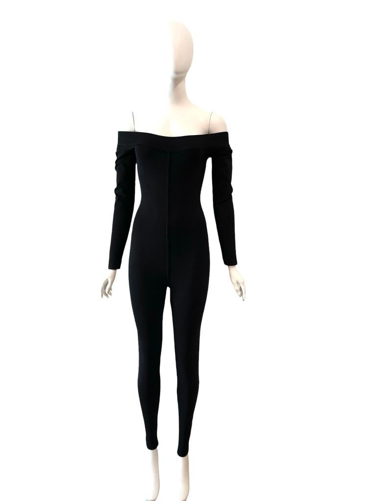 1990's Azzedine Alaia Black Knit Off Shoulder Stretch Catsuit In Excellent Condition In Austin, TX