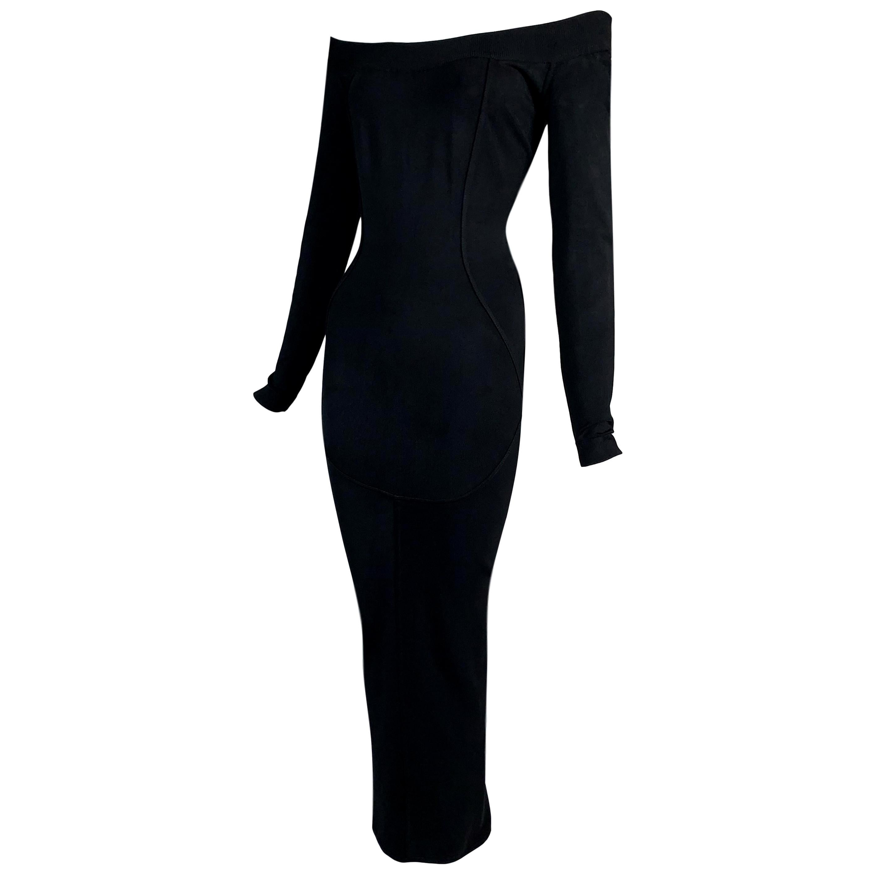 1990
s Azzedine Alaia Black Off Shoulder Bandage Bodycon Long L/S Dress