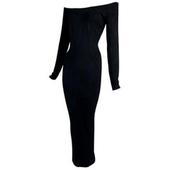 Vintage 1990's Azzedine Alaia Black Off Shoulder Bandage Bodycon Long L/S Dress