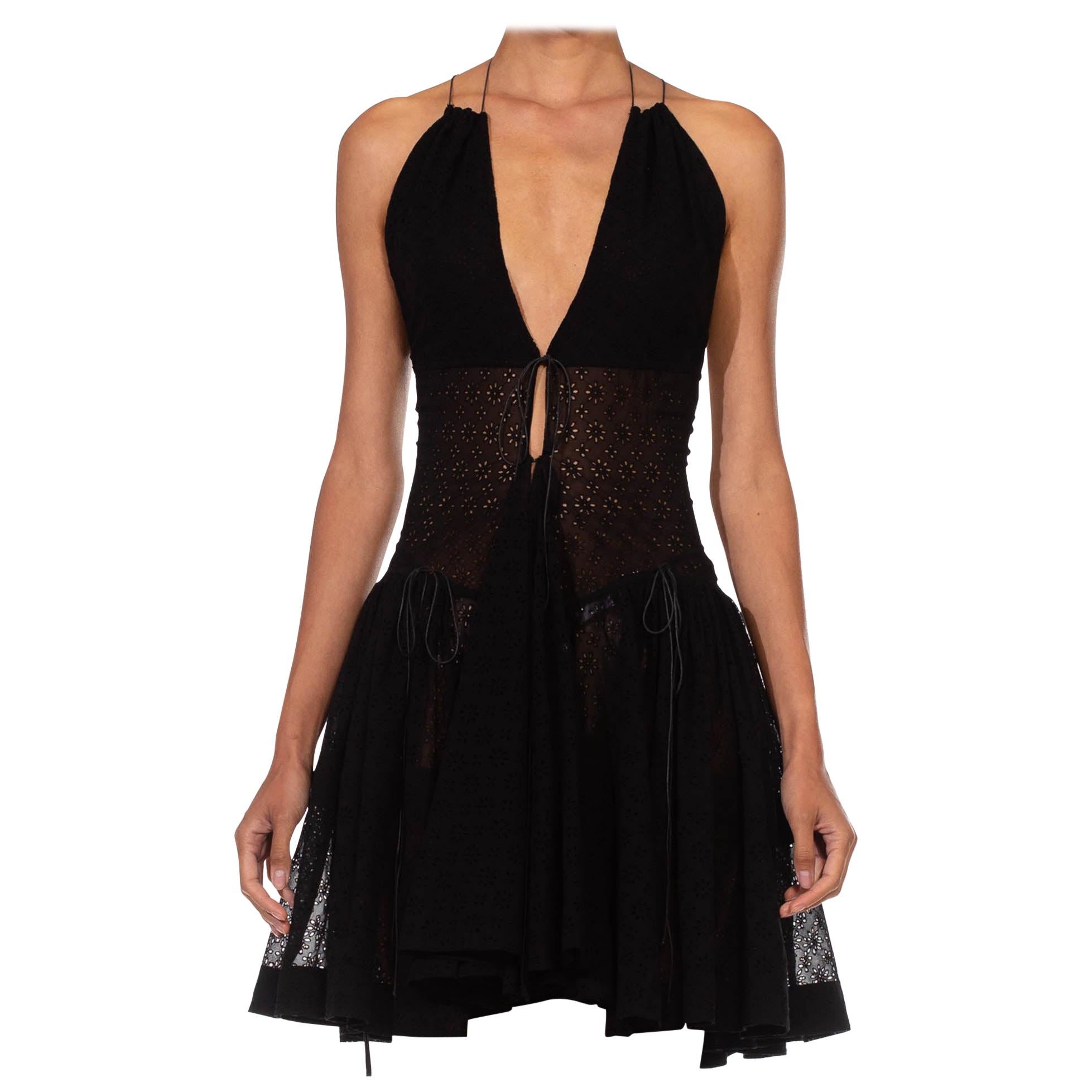 1990S AZZEDINE ALAIA Black Polyester Voile Lace Strapped Halter Backless Dress For Sale