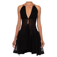Vintage 1990S AZZEDINE ALAIA Black Polyester Voile Lace Strapped Halter Backless Dress