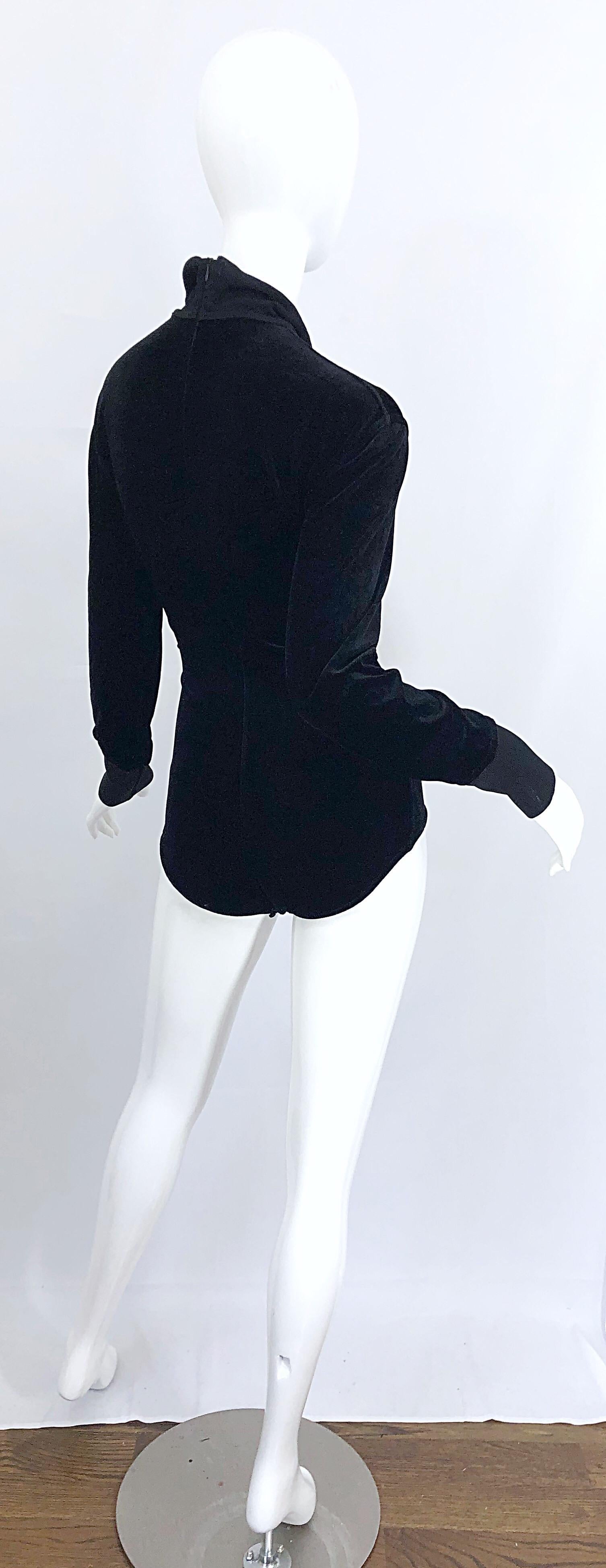 1980s Azzedine Alaia Black Stretch Velvet Bodycon Vintage 80s One Piece Bodysuit For Sale 3