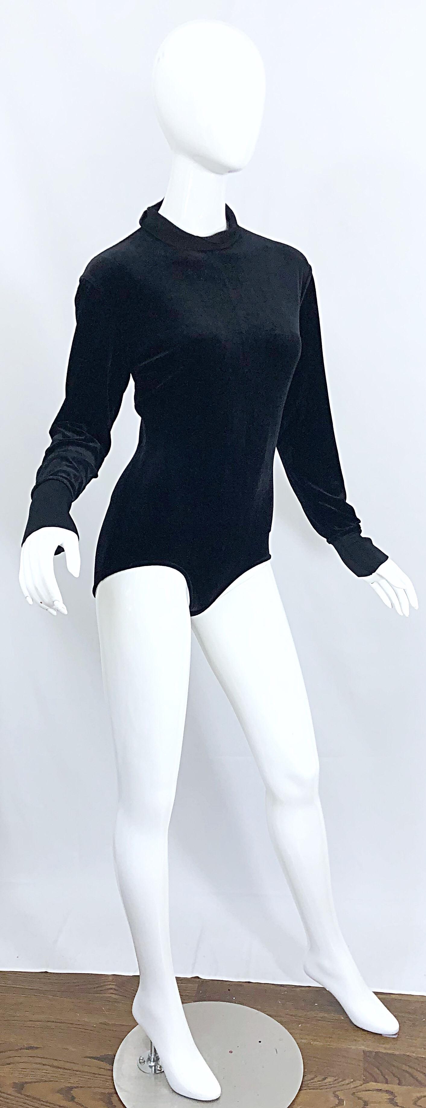 1980s Azzedine Alaia Black Stretch Velvet Bodycon Vintage 80s One Piece Bodysuit For Sale 4