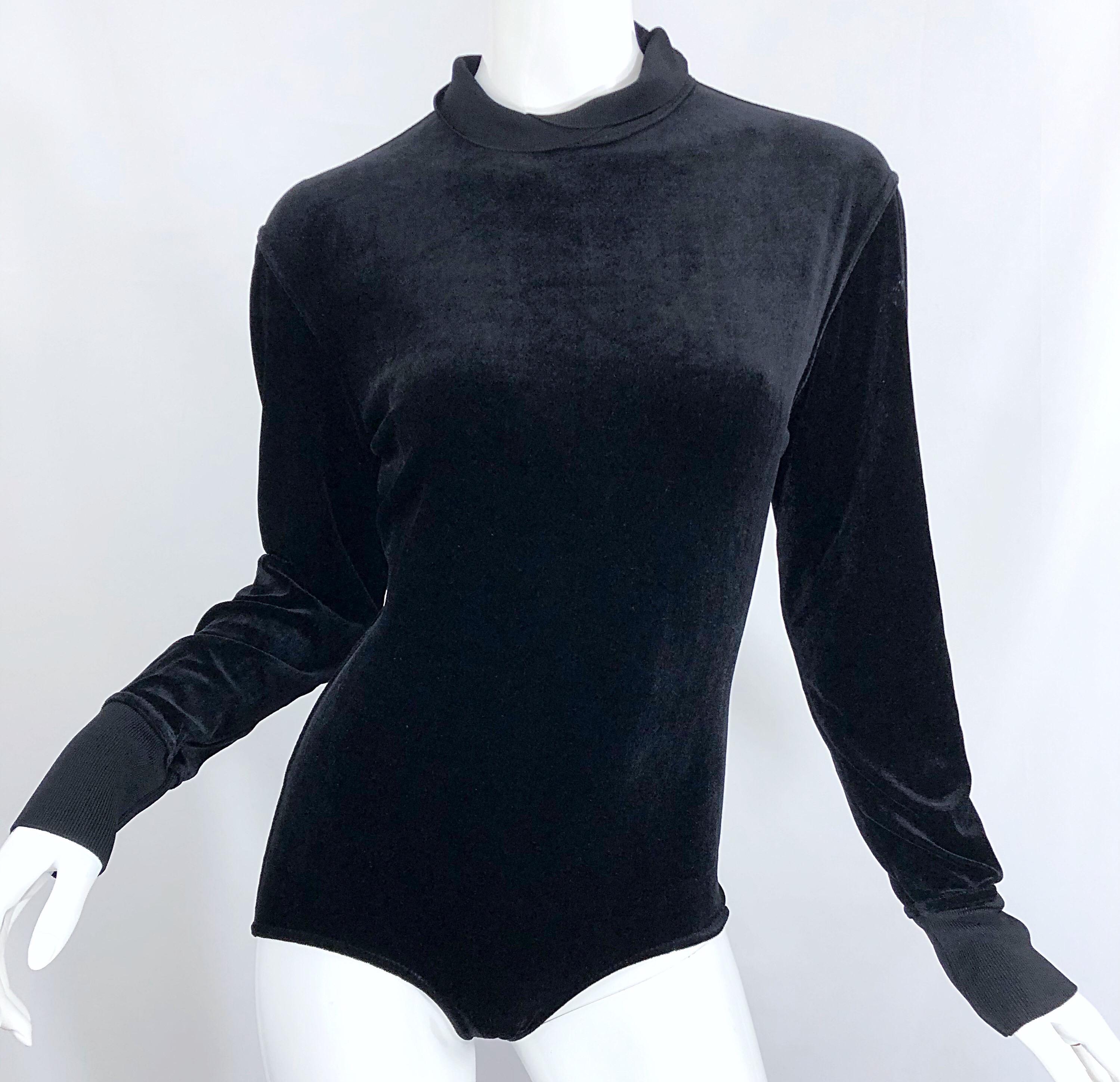 1980s Azzedine Alaia Black Stretch Velvet Bodycon Vintage 80s One Piece Bodysuit For Sale 5