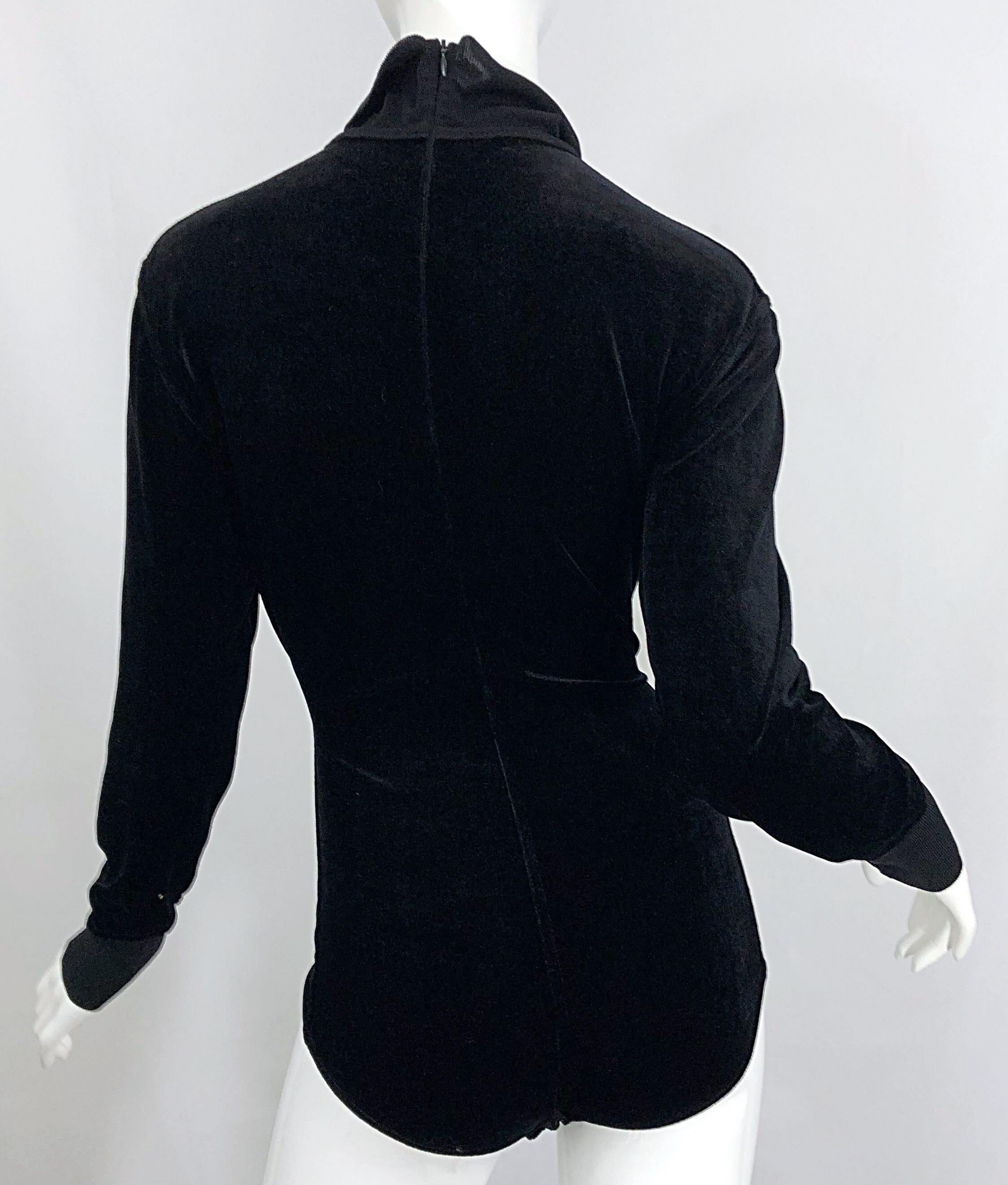 1980s Azzedine Alaia Black Stretch Velvet Bodycon Vintage 80s One Piece Bodysuit For Sale 6