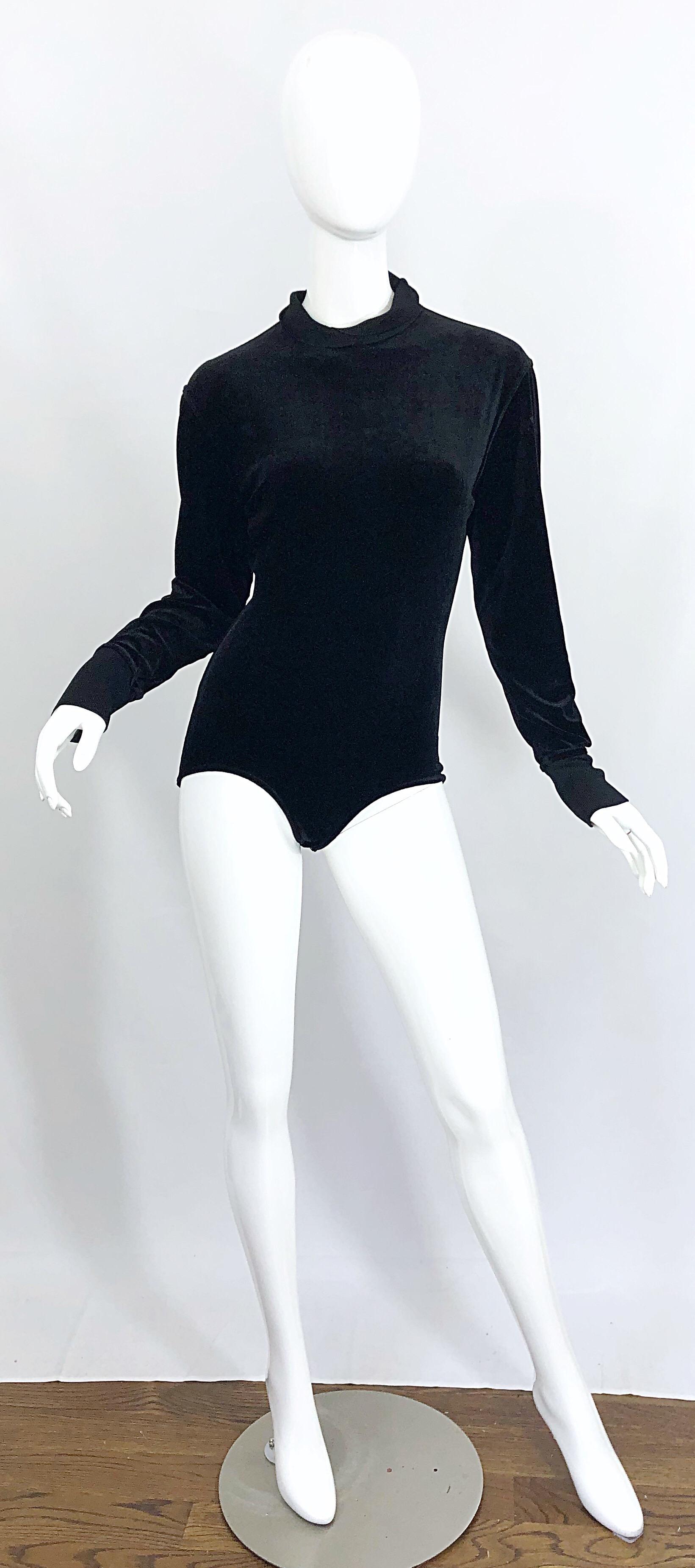 1980s Azzedine Alaia Black Stretch Velvet Bodycon Vintage 80s One Piece Bodysuit For Sale 7