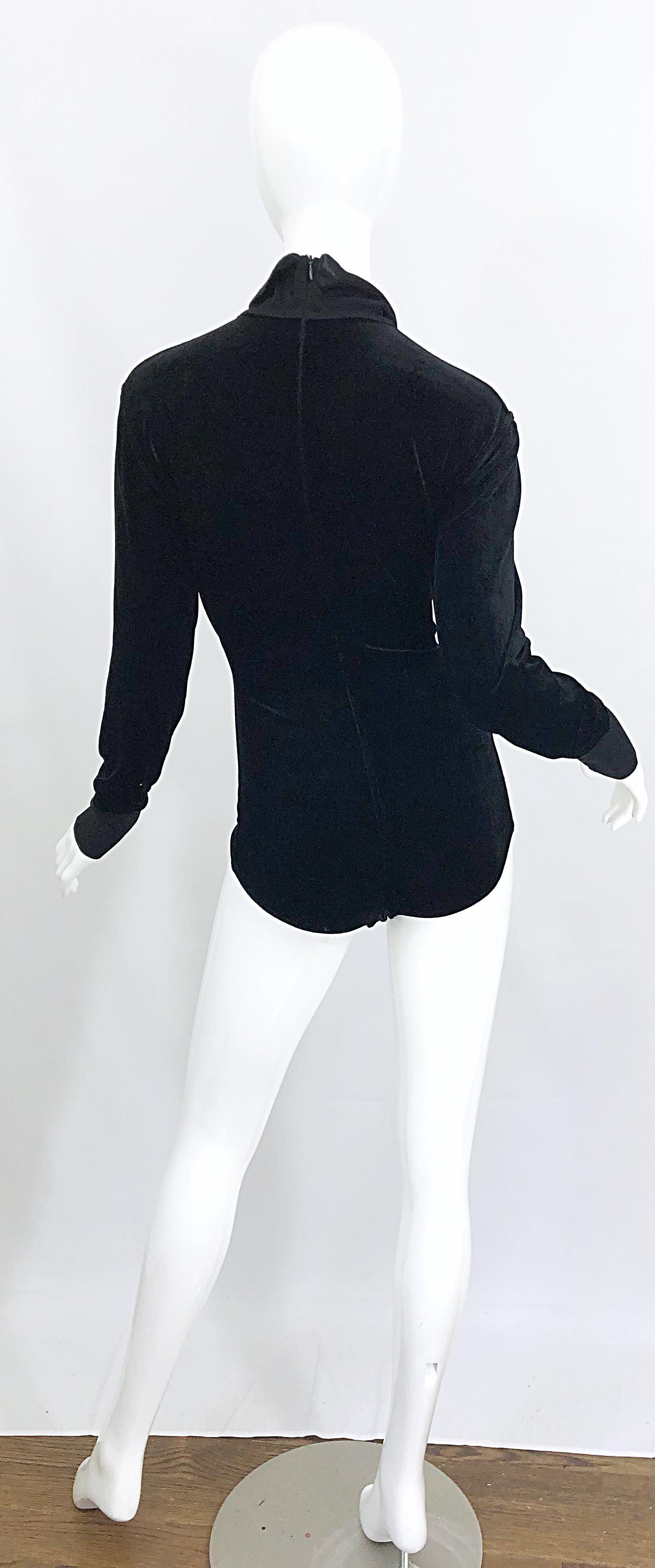 1980s Azzedine Alaia Black Stretch Velvet Bodycon Vintage 80s One Piece Bodysuit In Excellent Condition For Sale In San Diego, CA