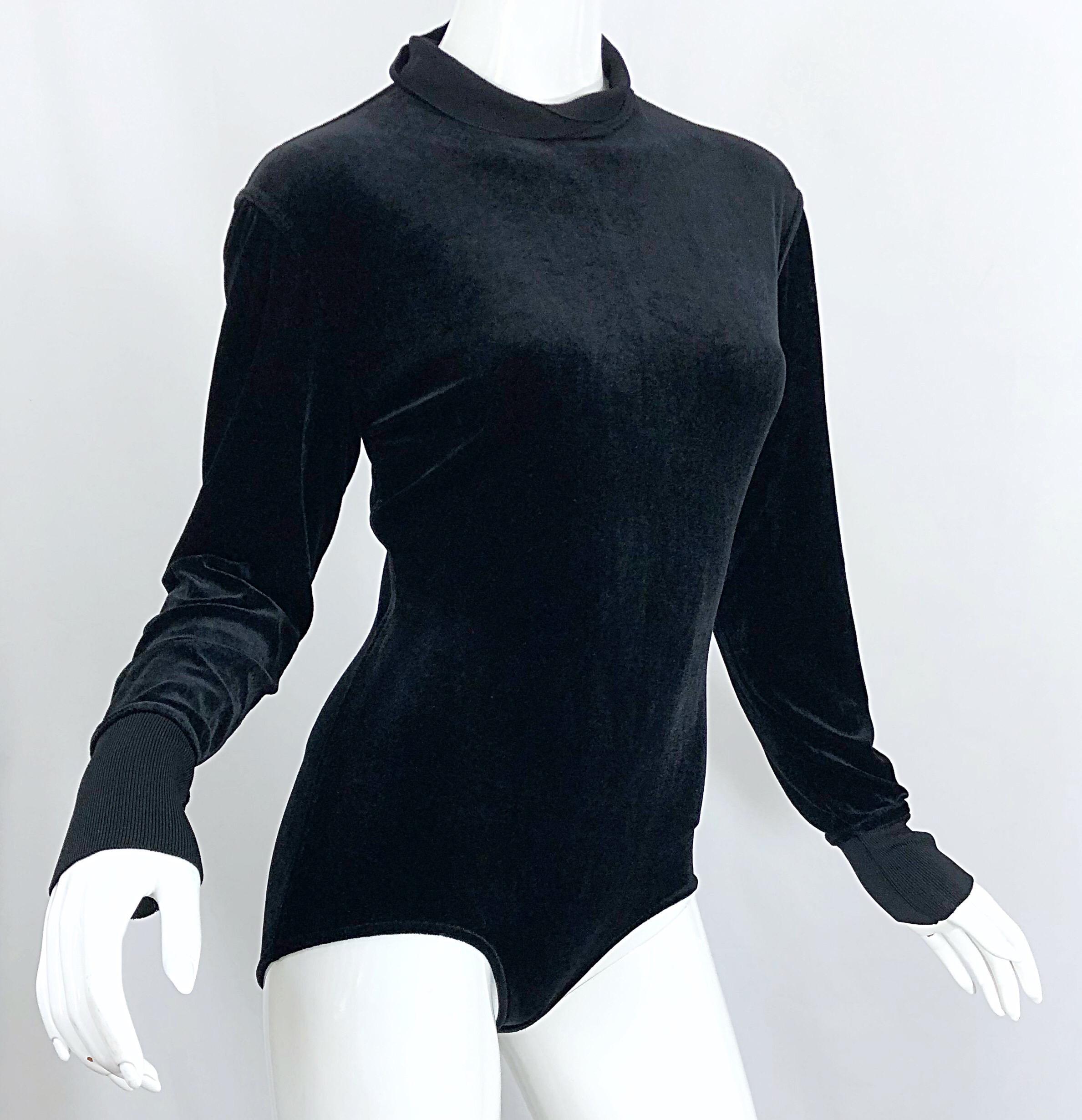 Women's 1980s Azzedine Alaia Black Stretch Velvet Bodycon Vintage 80s One Piece Bodysuit For Sale
