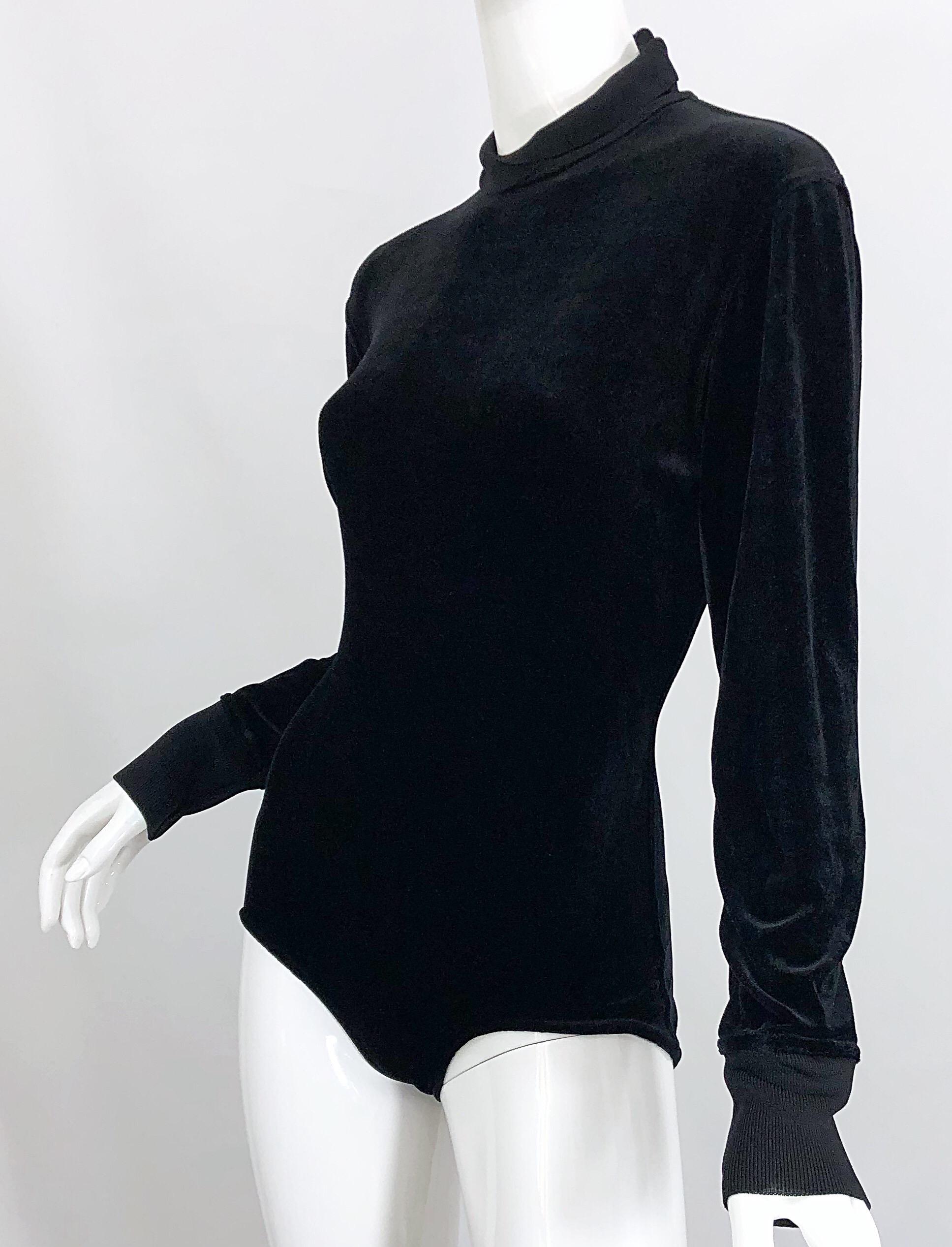 1980s Azzedine Alaia Black Stretch Velvet Bodycon Vintage 80s One Piece Bodysuit For Sale 2