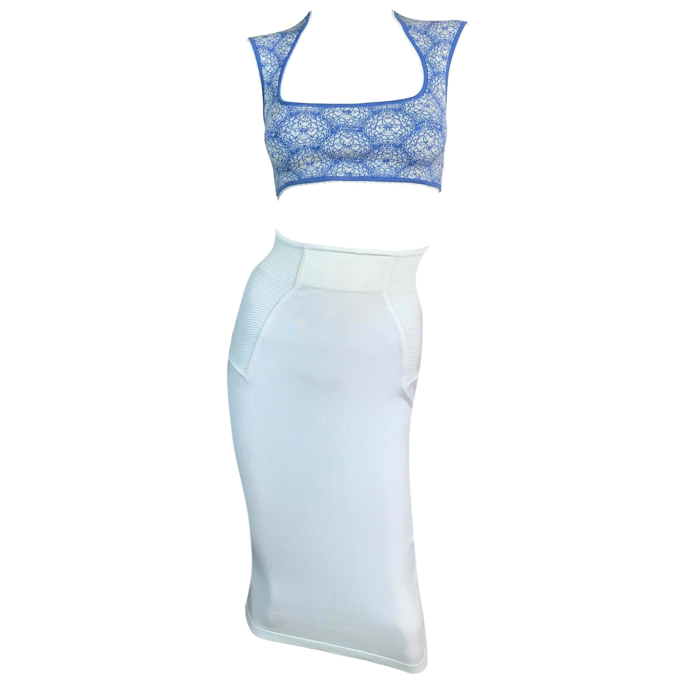 1990's Azzedine Alaia Blue & Ivory Crop Top & High Waist Wiggle Bodycon Skirt