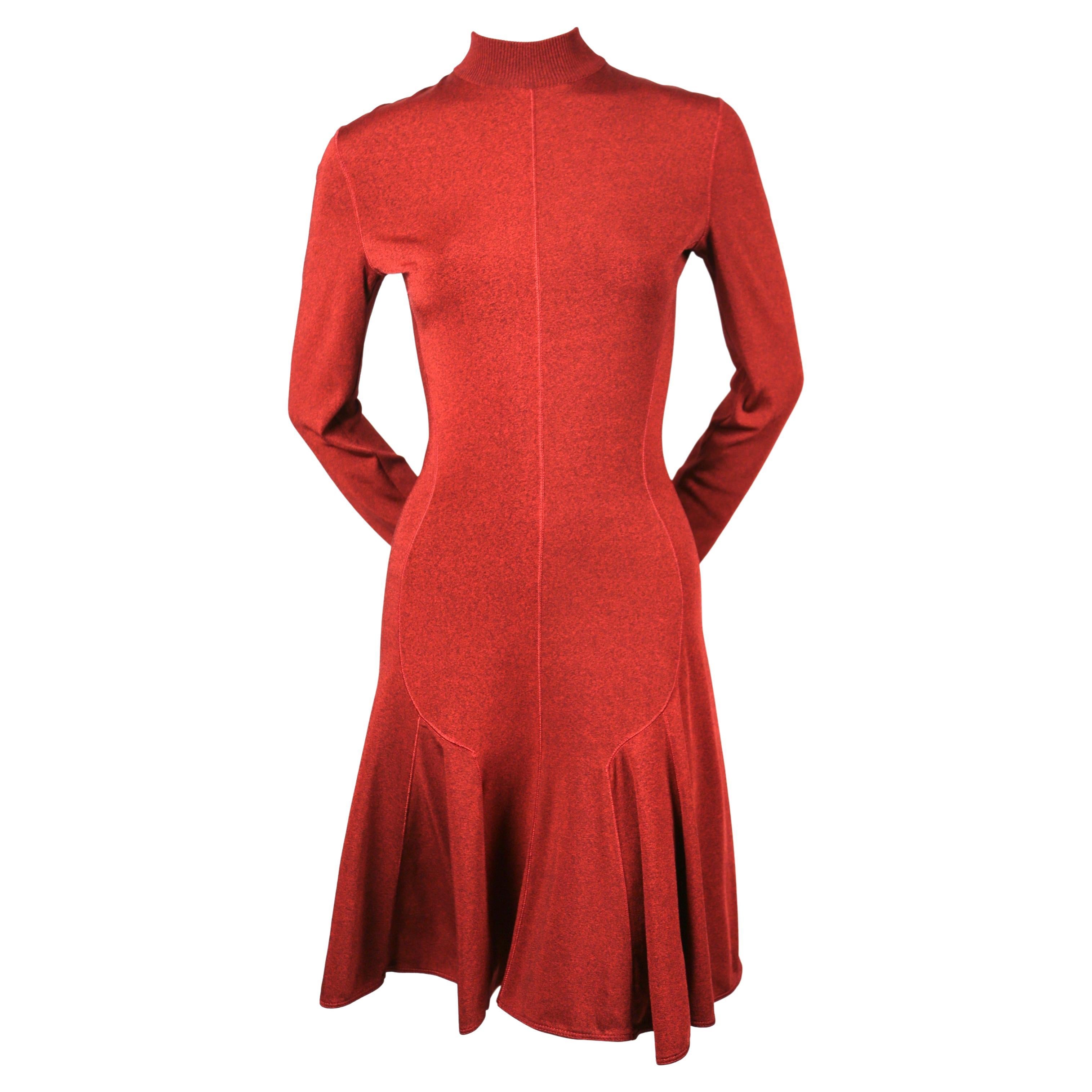 1990's AZZEDINE ALAIA dark red flared dress with long sleeves, 1990s For Sale