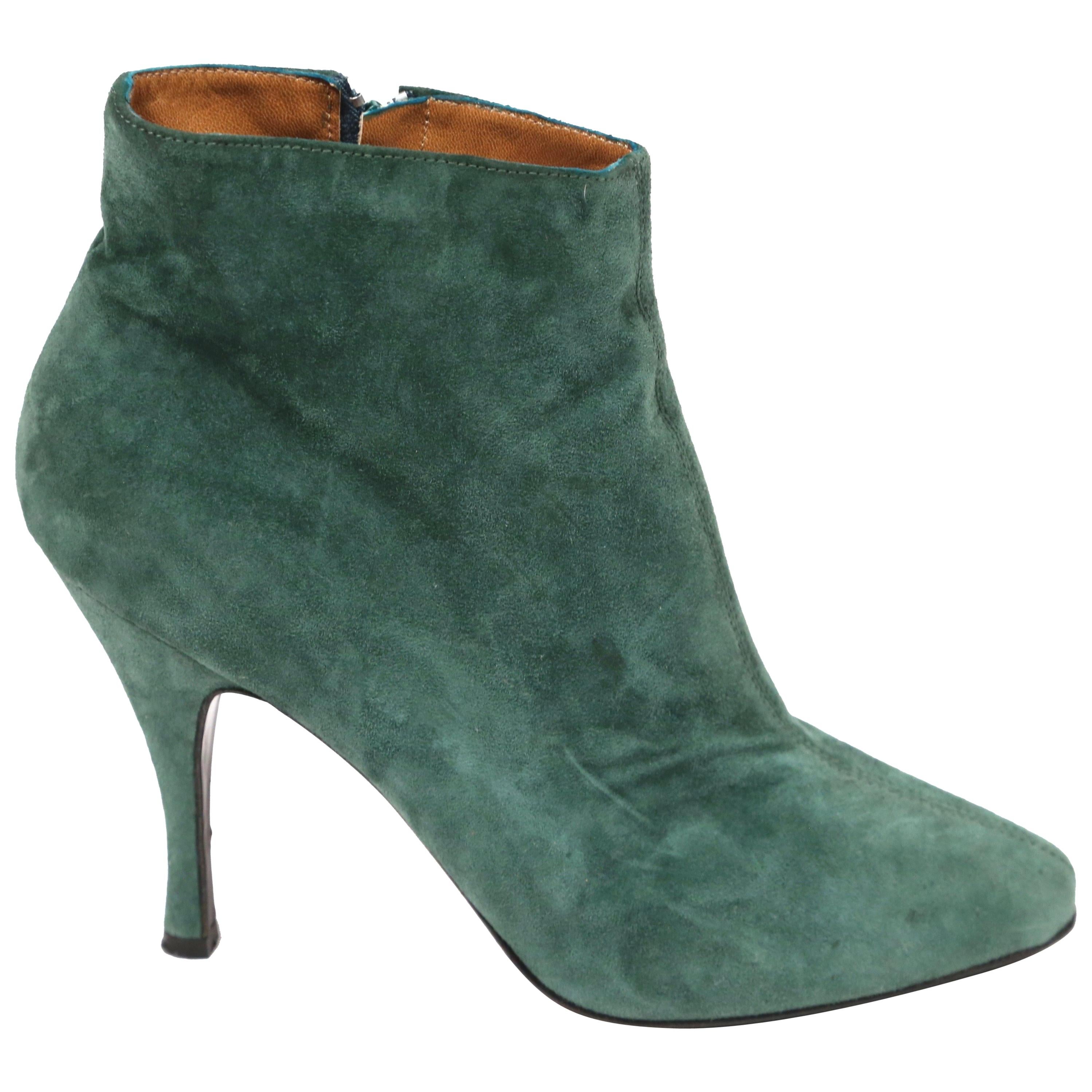 1990's AZZEDINE ALAIA green suede ankle boots For Sale