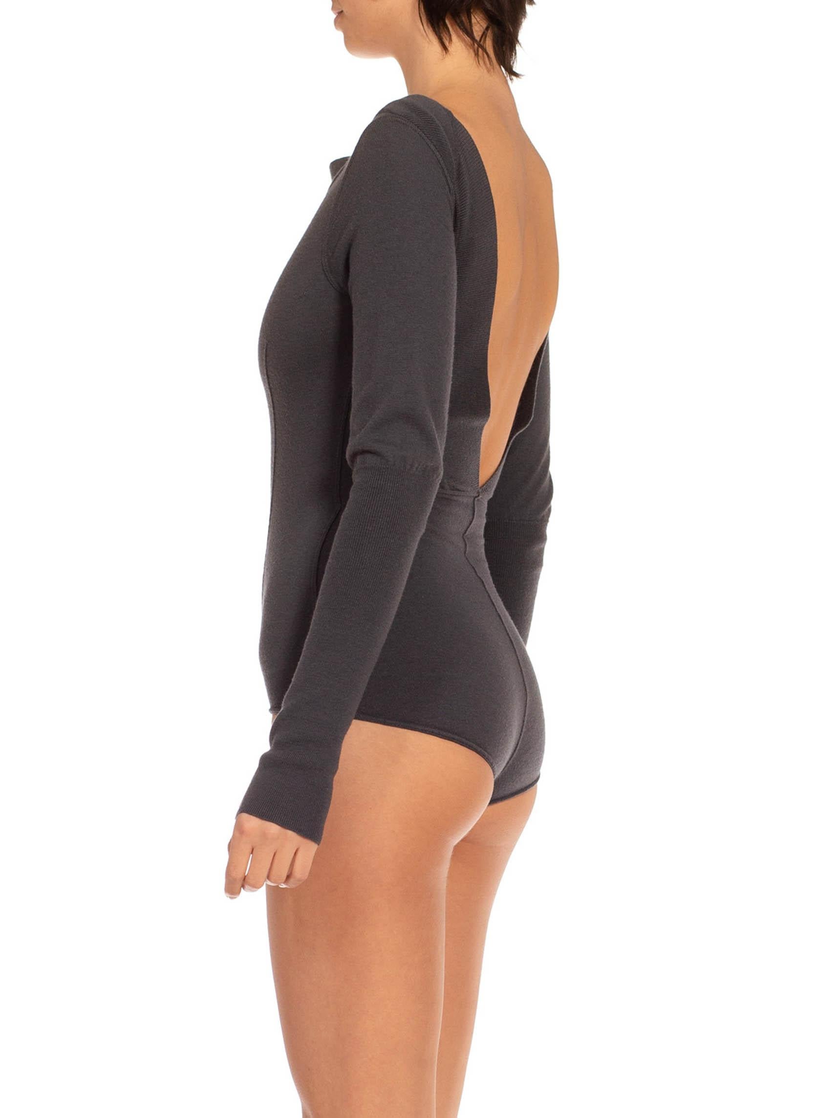 1990S Azzedine Alaia Grey Wool Knit Backless Long-Sleeve Bodysuit In Excellent Condition In New York, NY