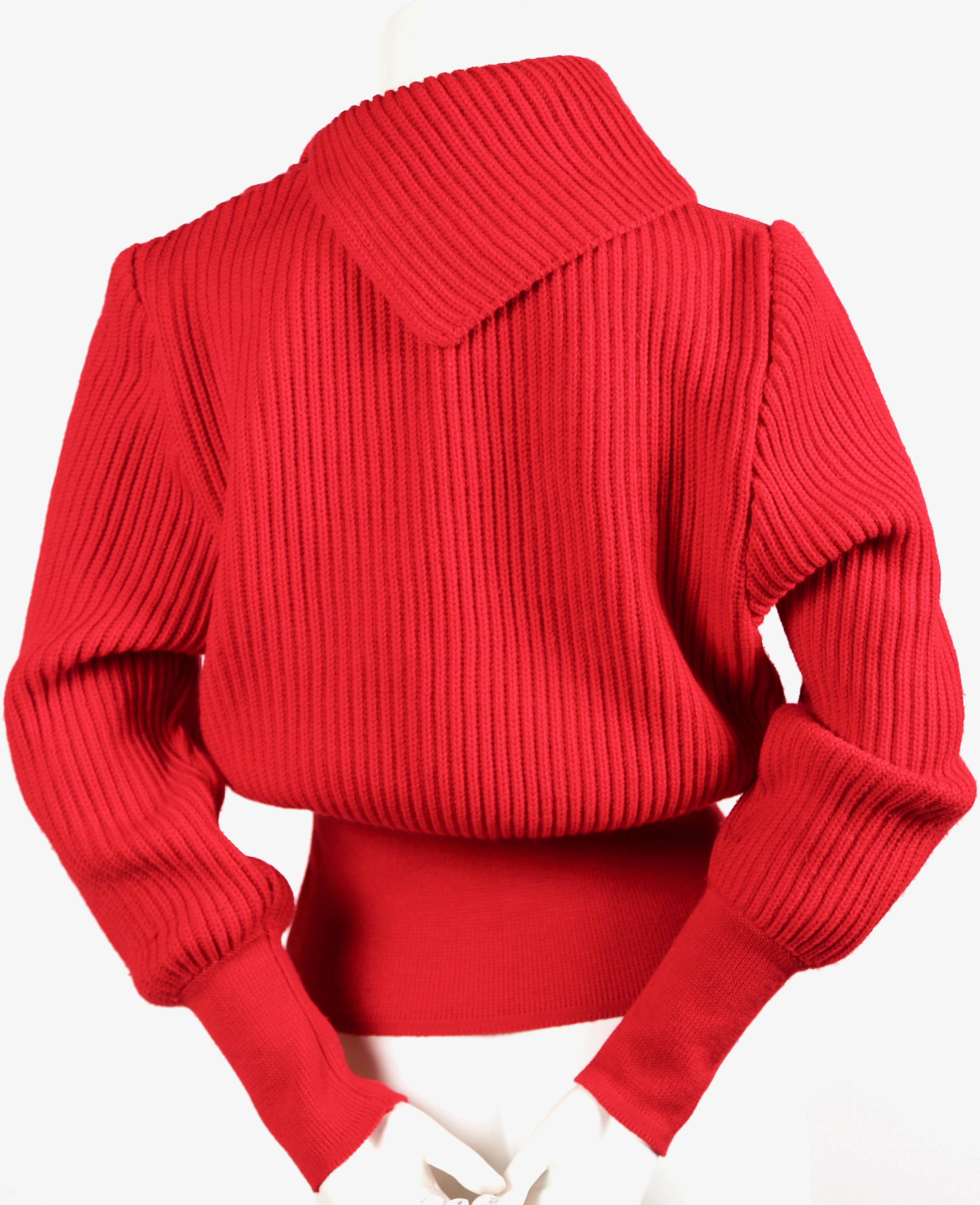 Red 1990's AZZEDINE ALAIA red wool sweater with silver metal hooks