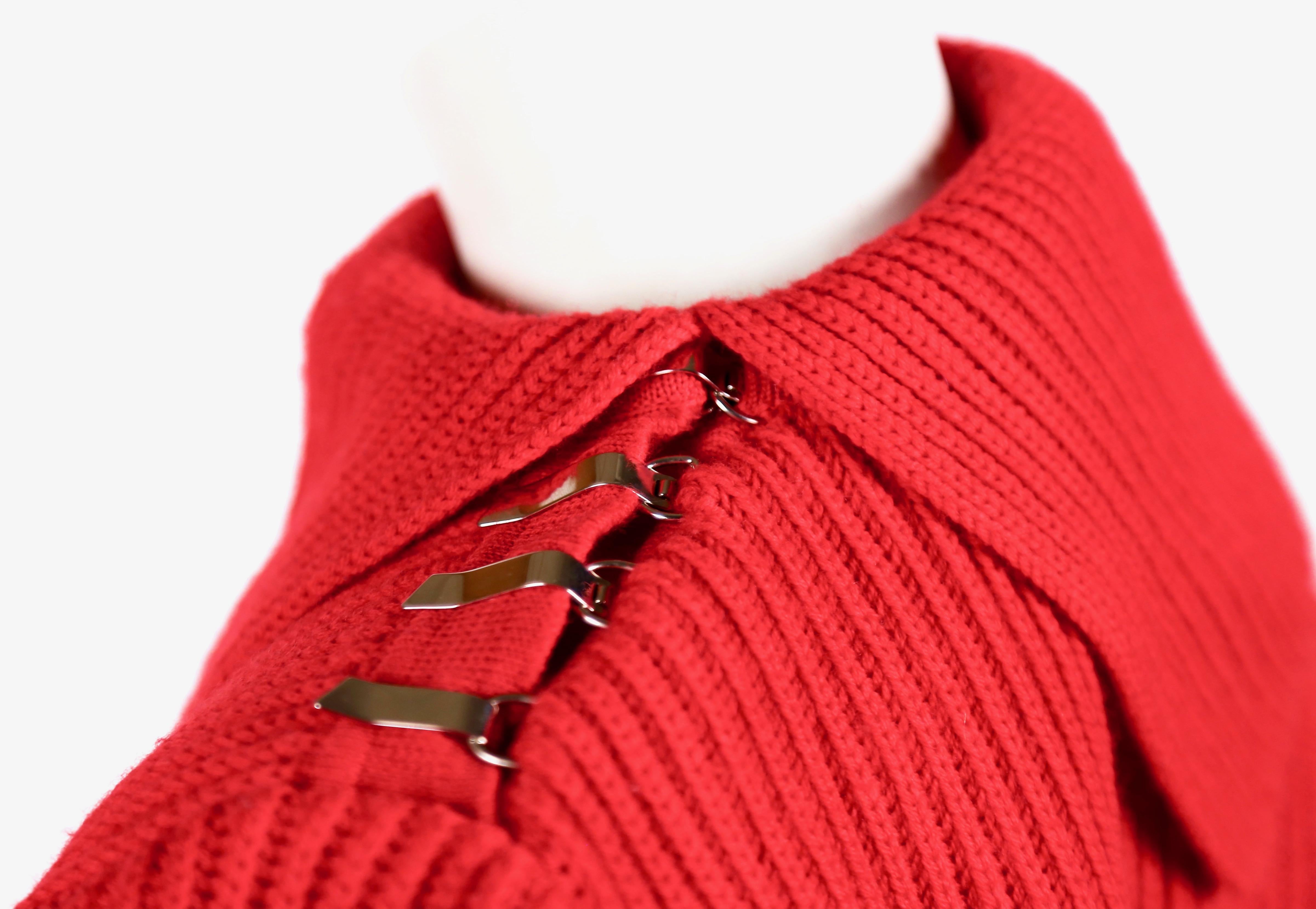 1990's AZZEDINE ALAIA red wool sweater with silver metal hooks In Good Condition In San Fransisco, CA