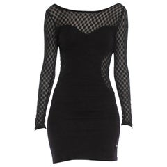 1990S Azzedine Alaia Style Black Poly/Cotton Jersey & Spotted Net Body-Con Cockt