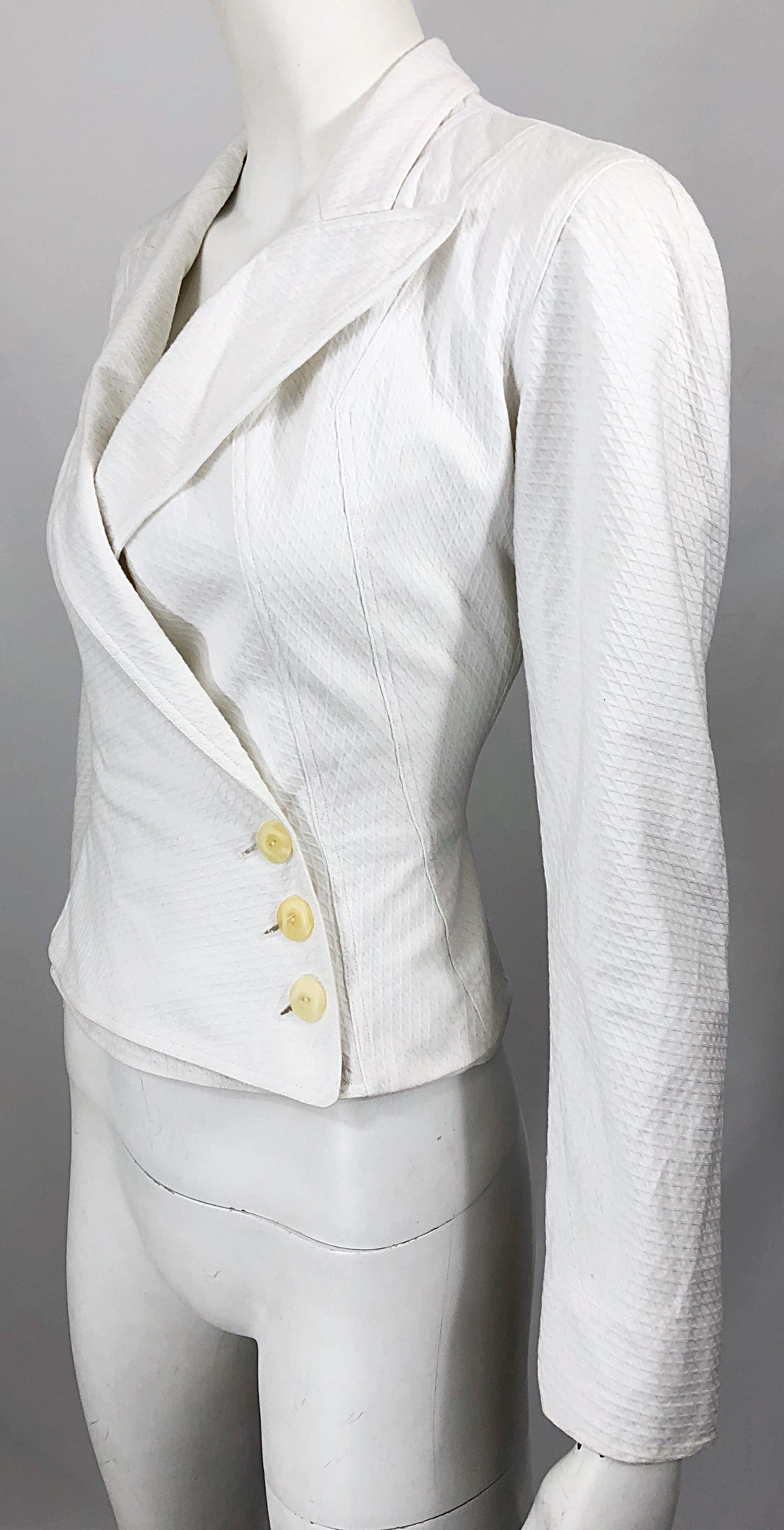 1980s Azzedine Alaia White Pique Cotton Vintage 80s Cropped Blazer Jacket Size 2 For Sale 5