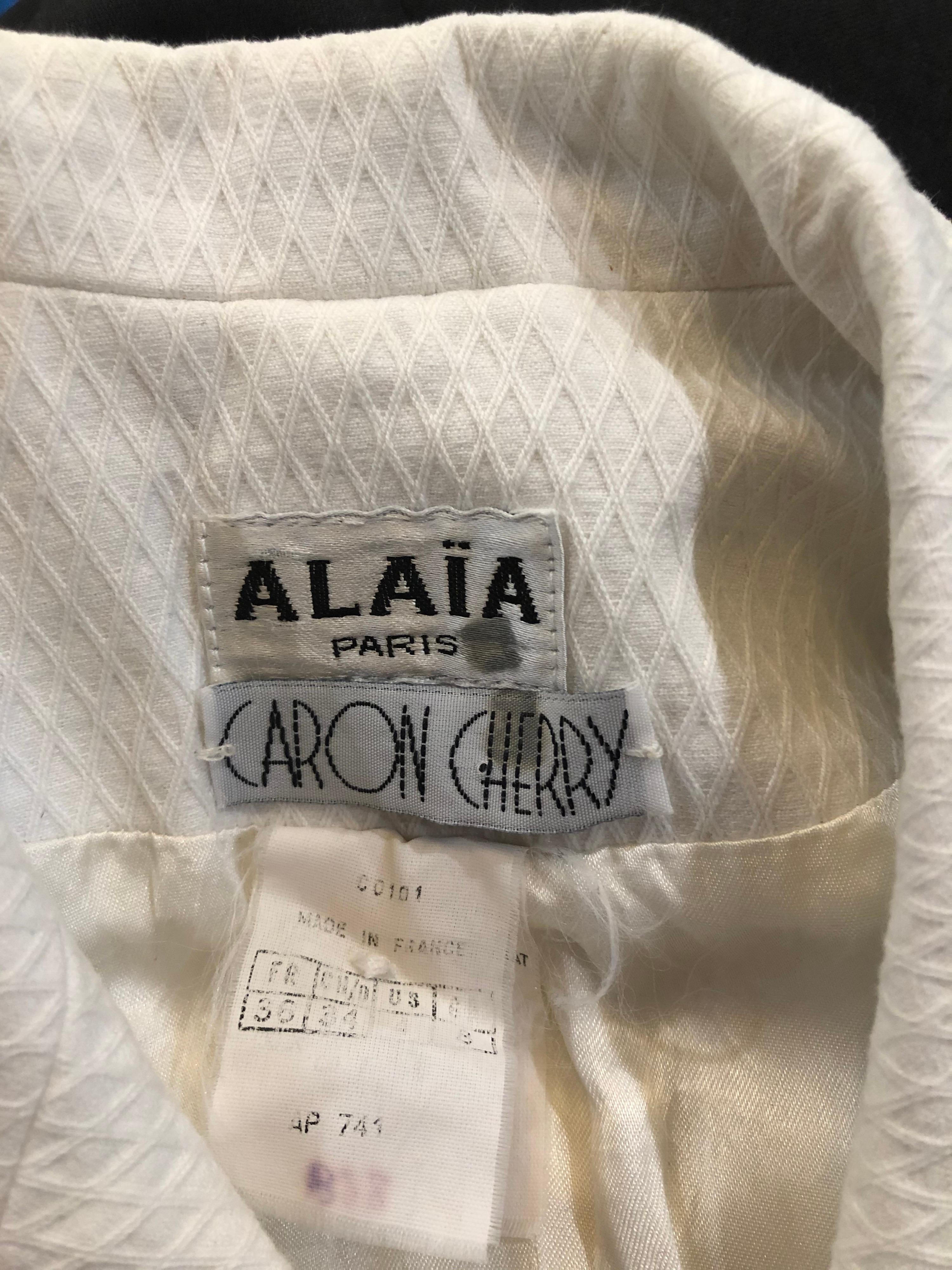 Gris Azzedine Alaïa - Blazer court vintage en coton piqué blanc, taille 2, années 1980 en vente