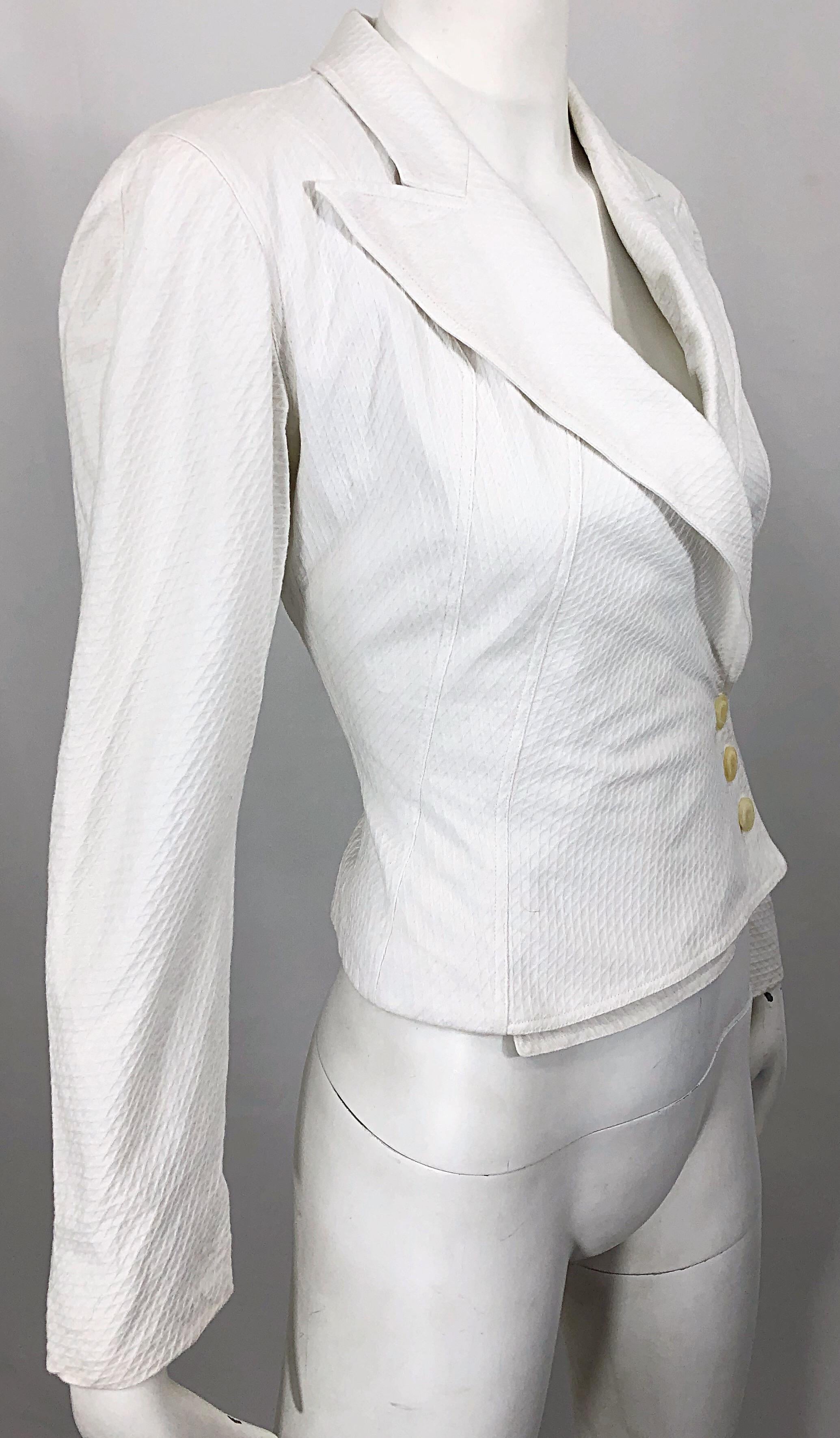 Women's 1980s Azzedine Alaia White Pique Cotton Vintage 80s Cropped Blazer Jacket Size 2 For Sale