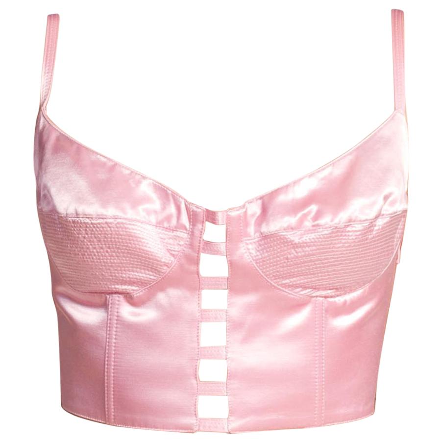 1990'S GIANNI VERSACE Baby Pink Satin Bra Top Buster Bustier For Sale