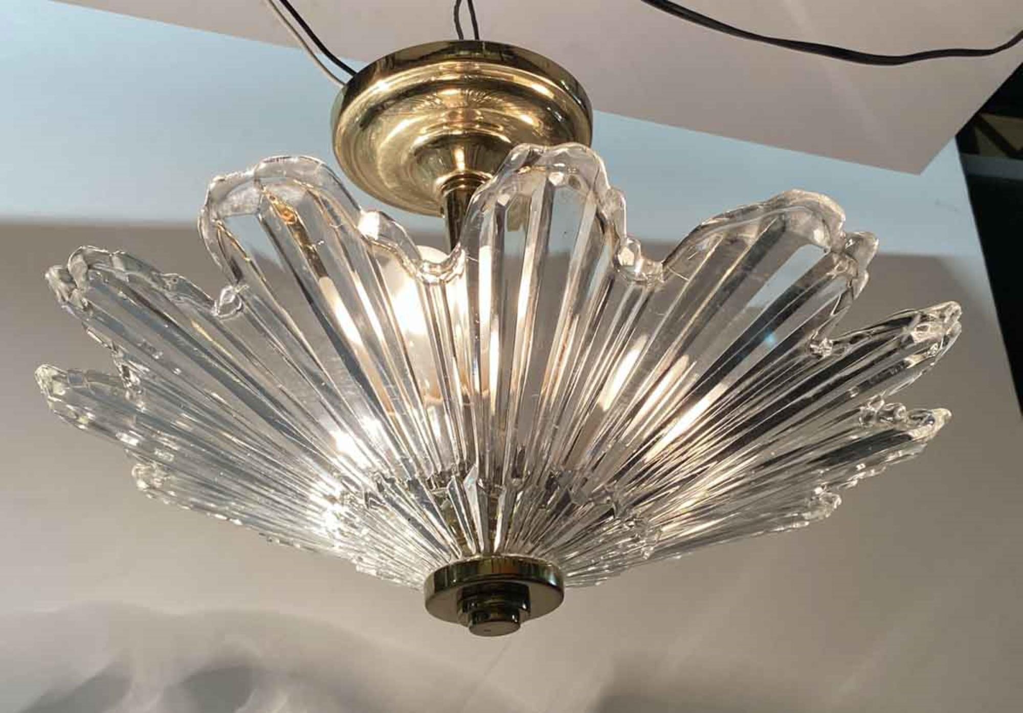 American 1990s Baccarat Style Crystal Semi Flush Mount Fixture Art Deco Star Burst Style