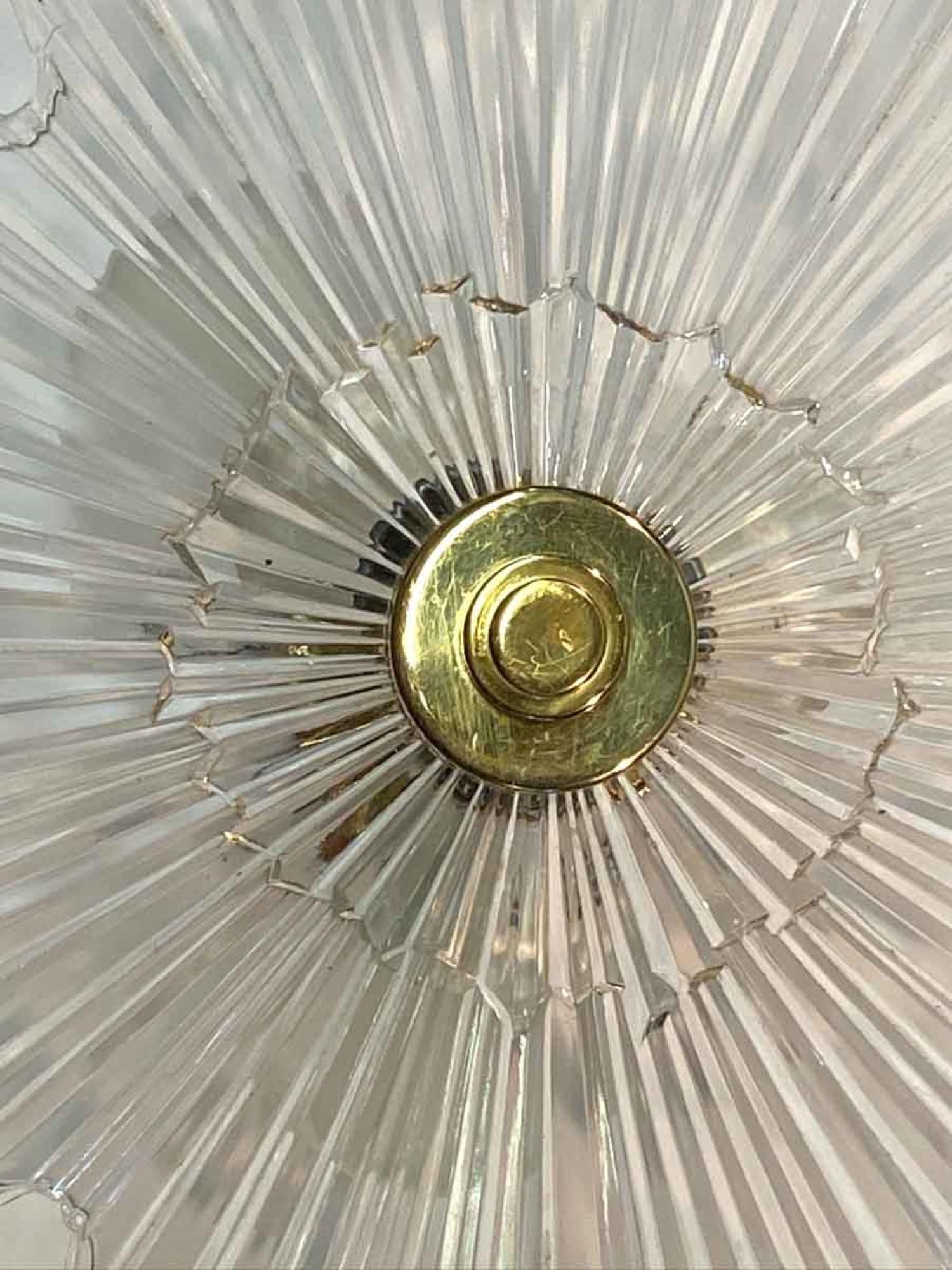 Brass 1990s Baccarat Style Crystal Semi Flush Mount Fixture Art Deco Star Burst Style