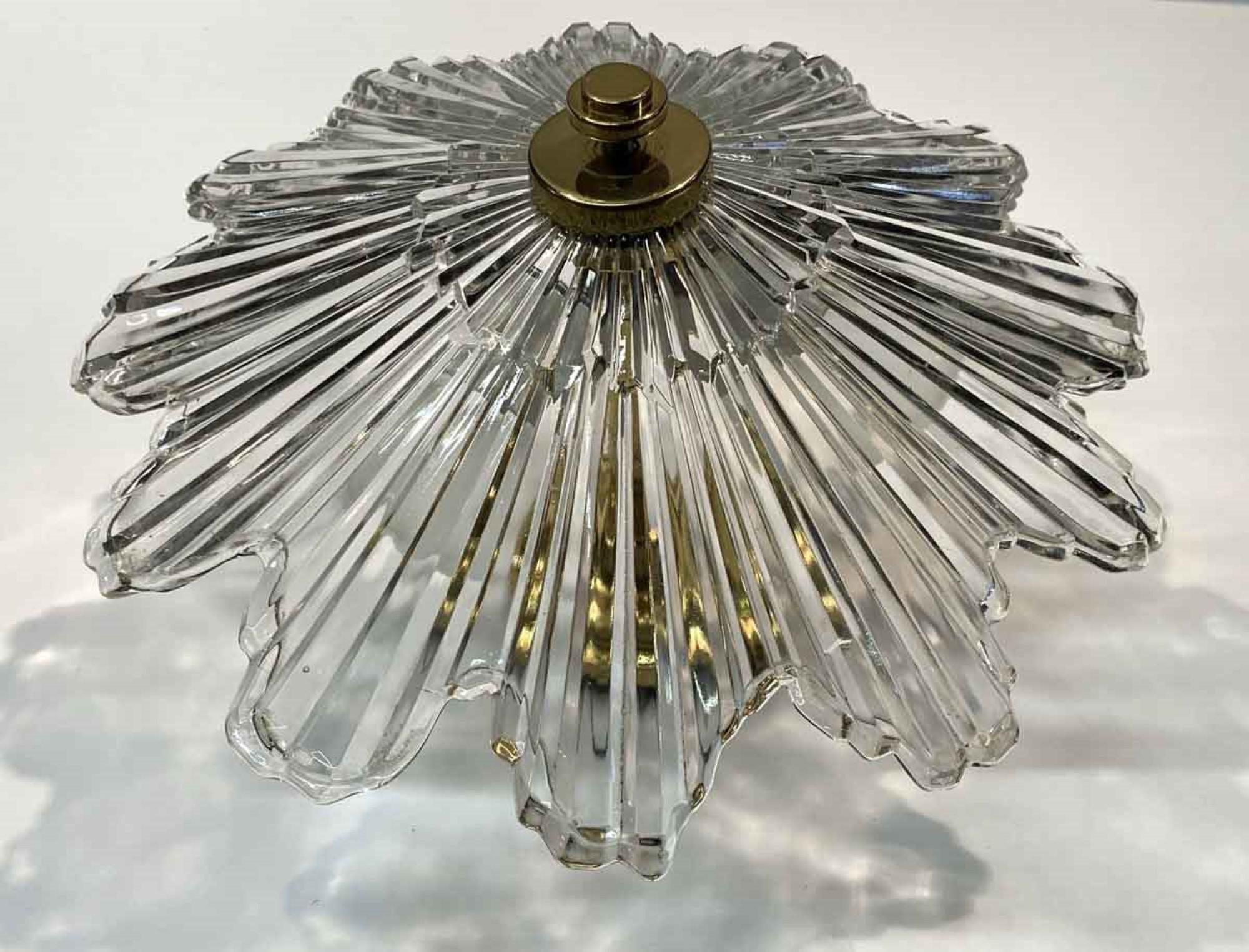 1990s Baccarat Style Crystal Semi Flush Mount Fixture Art Deco Star Burst Style 1