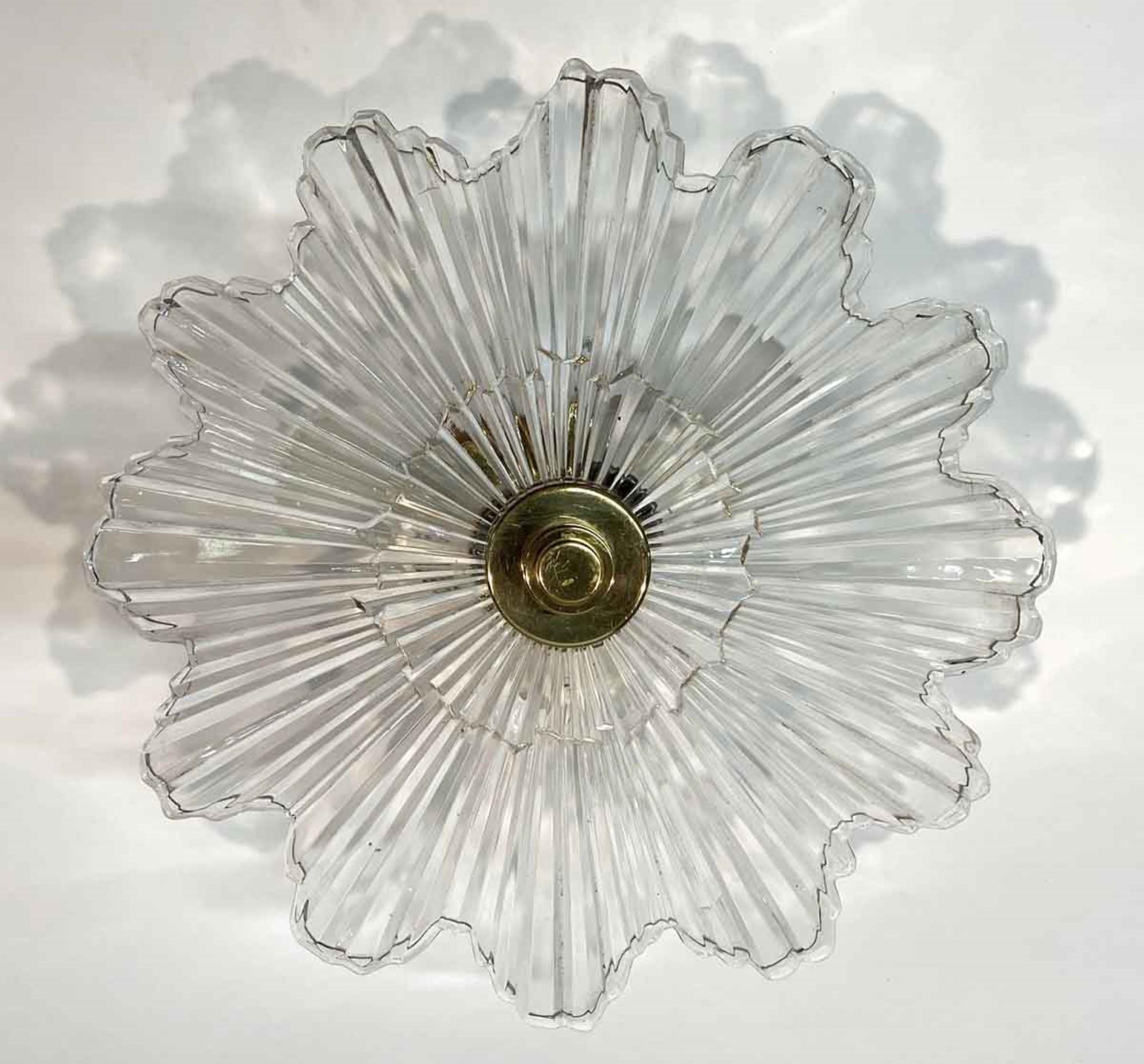 1990s Baccarat Style Crystal Semi Flush Mount Fixture Art Deco Star Burst Style 2