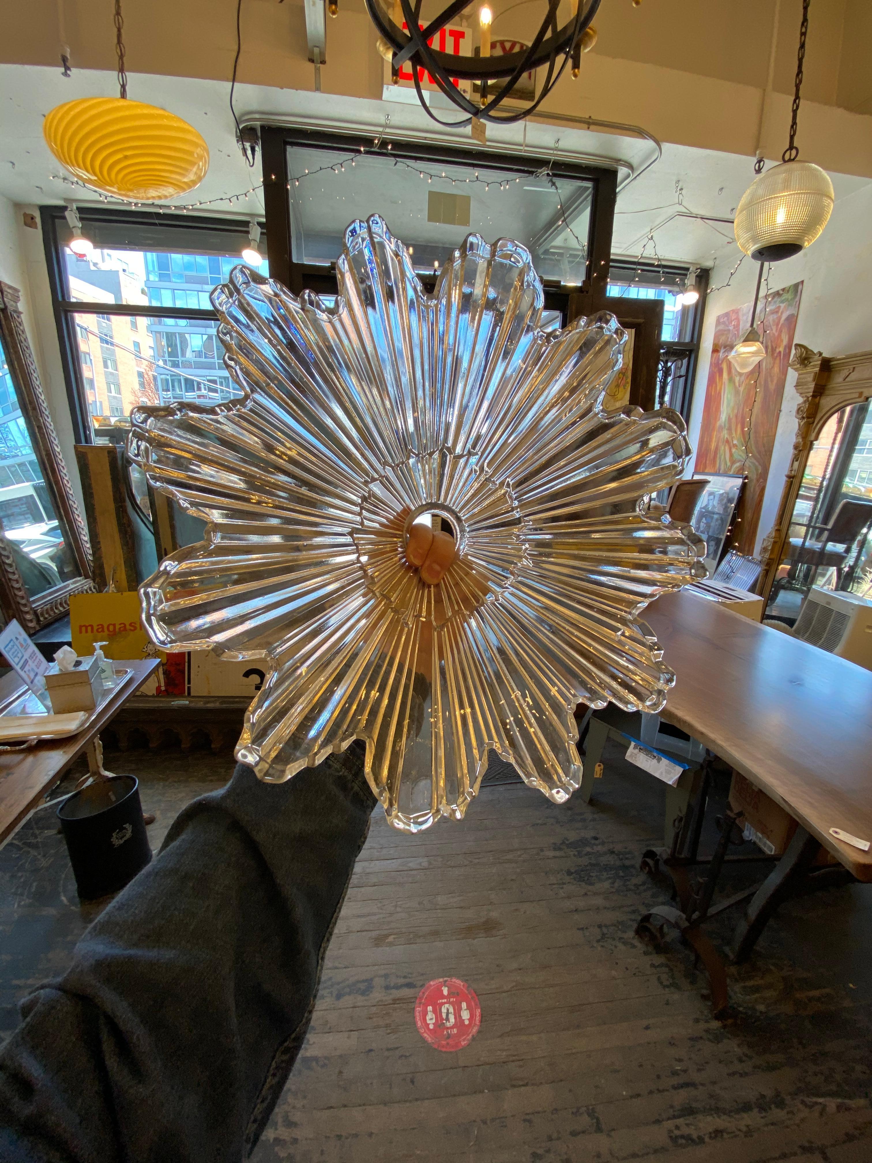 1990s Baccarat Style Crystal Semi Flush Mount Fixture Art Deco Star Burst Style 11