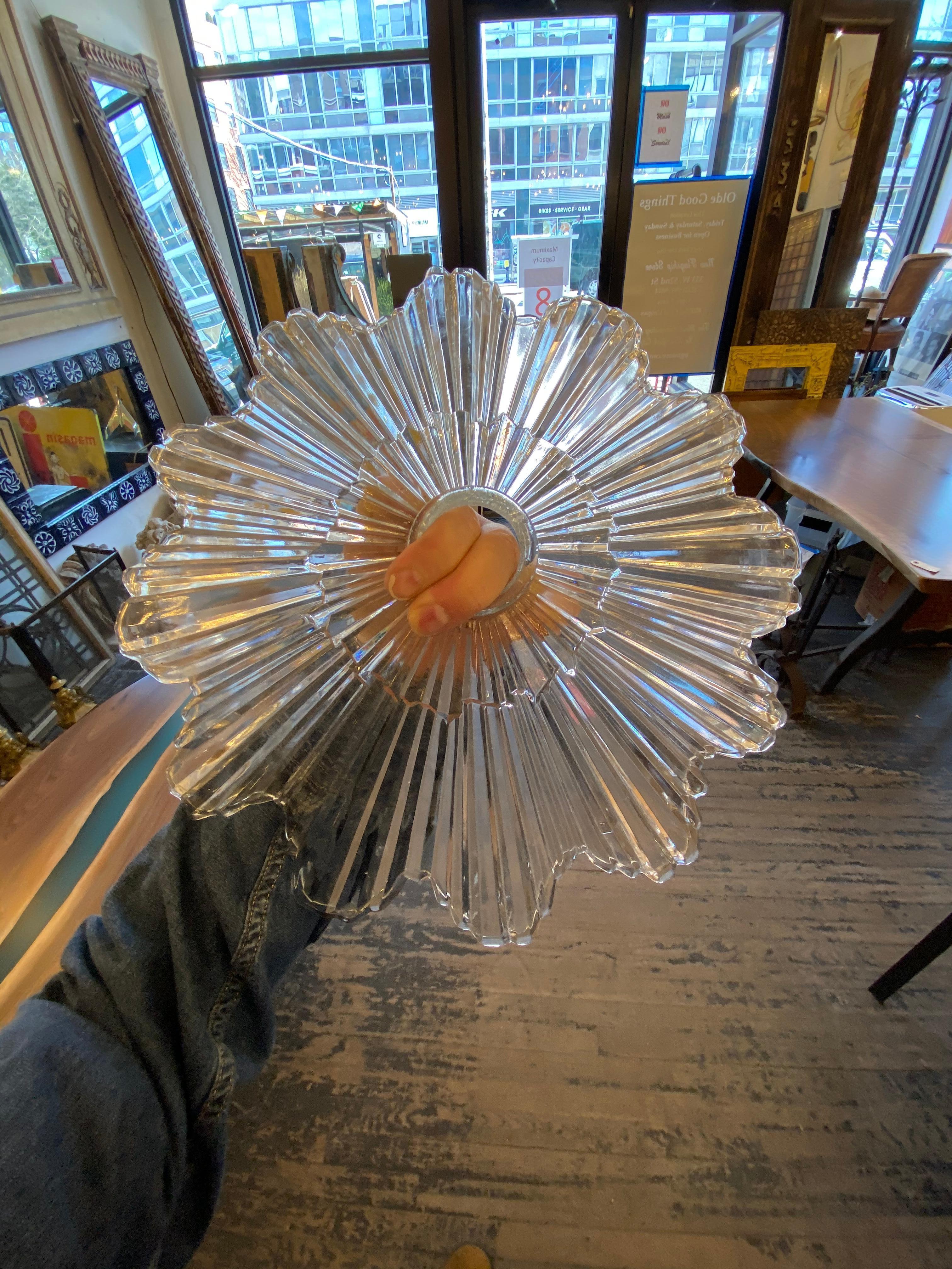 1990s Baccarat Style Crystal Semi Flush Mount Fixture Art Deco Star Burst Style 12