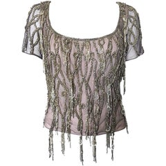 1990s Badgley Mischka Couture Talla 6 8 Gris Lila Top 90s Flecos de Cristal con Cuentas