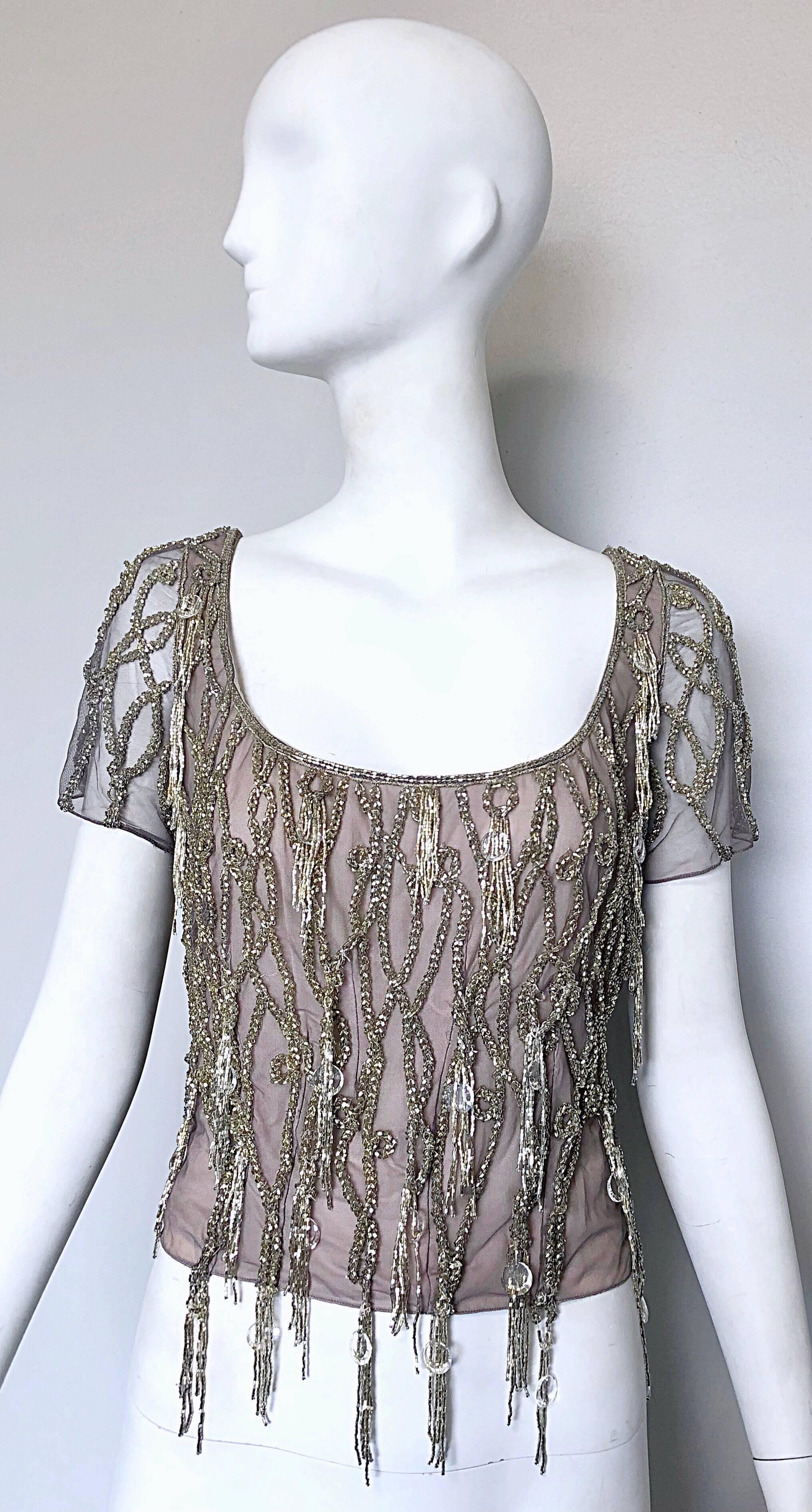 Stunning vintage late 90s BADGLEY MISCHKA Couture for BERGDORF GOODMAN  lilac grey beaded fringe blouse! Beautiful lilac gray color is super versatile, and appropriate any time of year. Thousands of hand-sewn silver beads and crystals sewn together