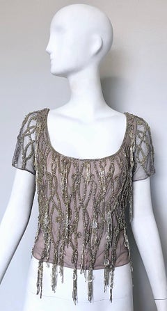 1990s Badgley Mischka Couture Size 6 8 Lilac Grey Beaded Fringe Crystal 90s Top