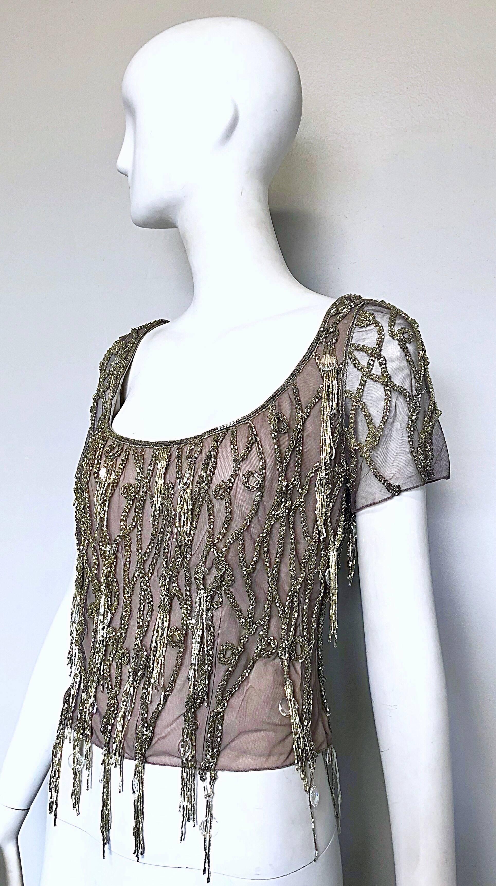 Gray 1990s Badgley Mischka Couture Size 6 8 Lilac Grey Beaded Fringe Crystal 90s Top For Sale