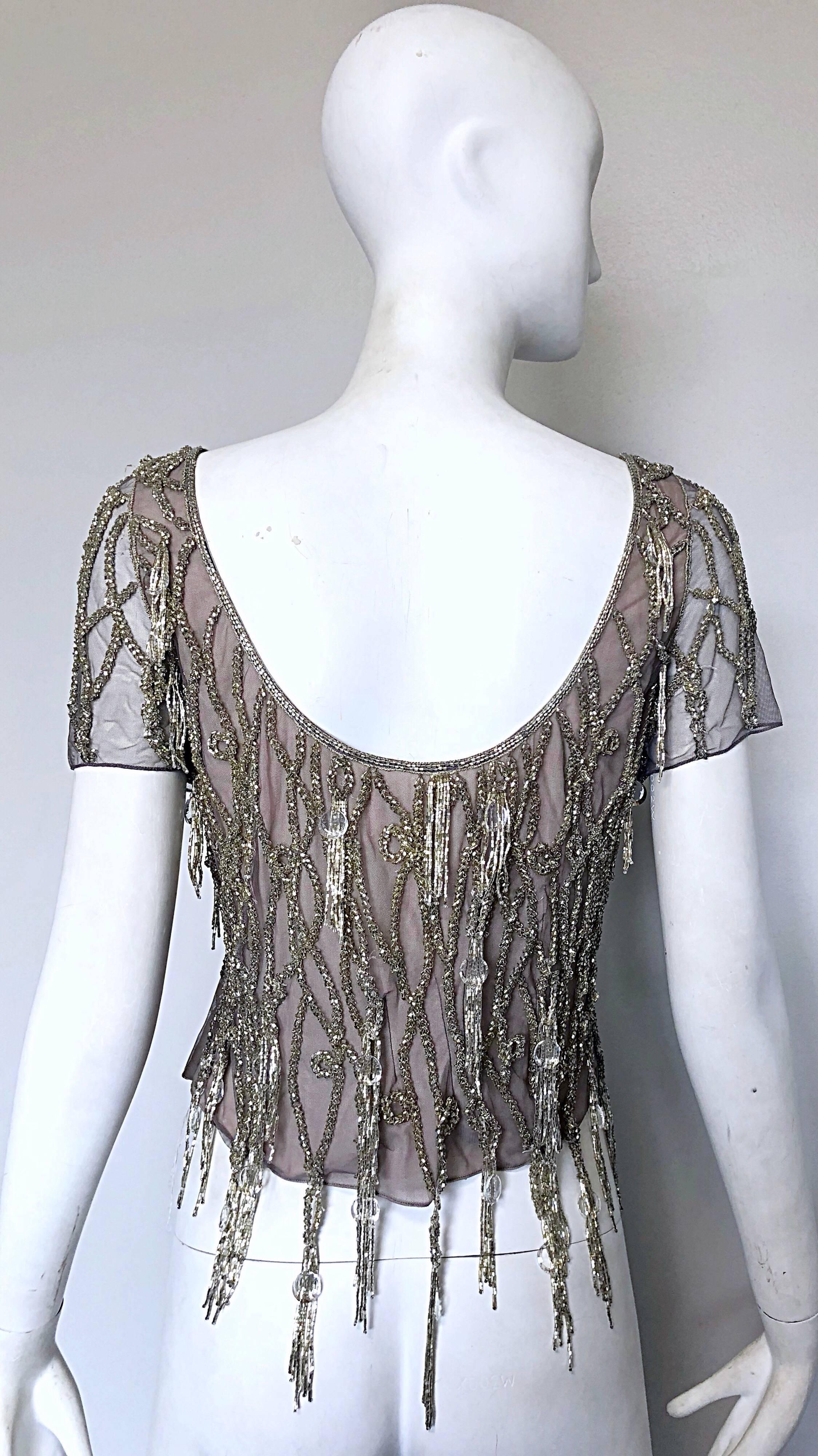 1990s Badgley Mischka Couture Size 6 8 Lilac Grey Beaded Fringe Crystal 90s Top In Excellent Condition For Sale In San Diego, CA