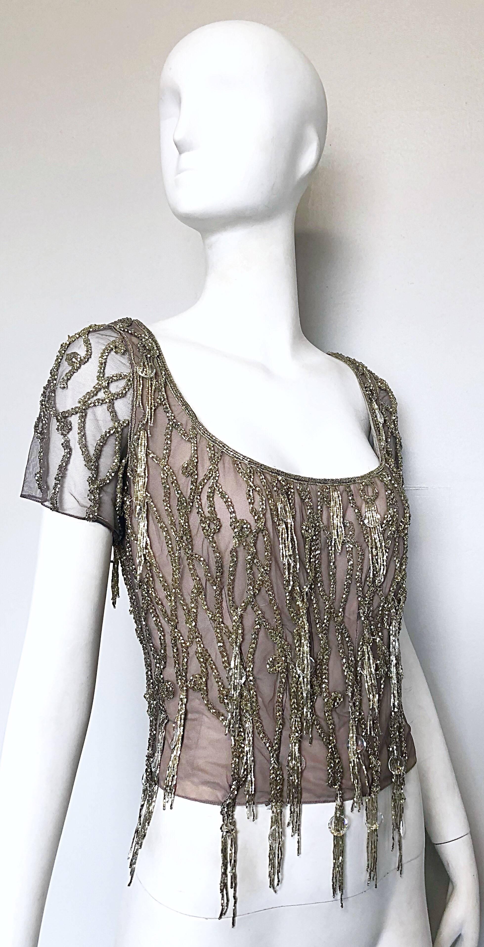 Women's 1990s Badgley Mischka Couture Size 6 8 Lilac Grey Beaded Fringe Crystal 90s Top For Sale