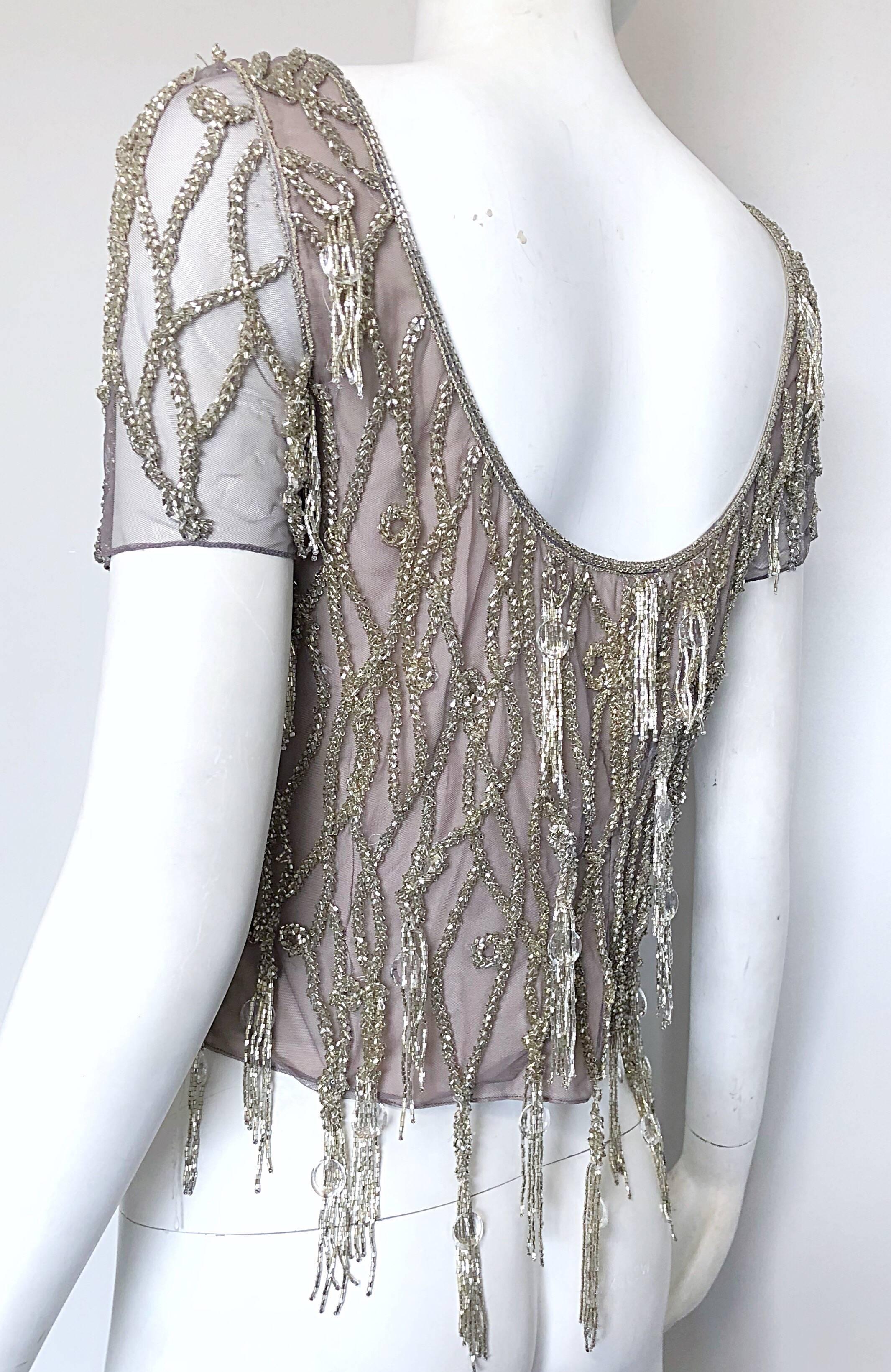 1990s Badgley Mischka Couture Size 6 8 Lilac Grey Beaded Fringe Crystal 90s Top For Sale 1