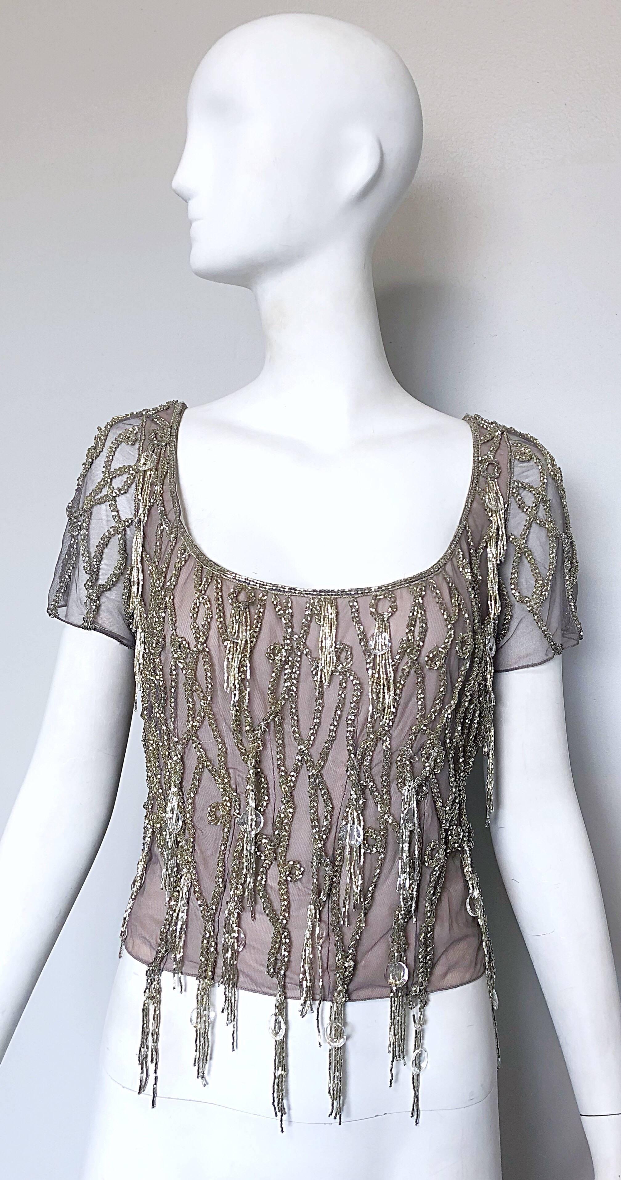 1990s Badgley Mischka Couture Size 6 8 Lilac Grey Beaded Fringe Crystal 90s Top For Sale 2