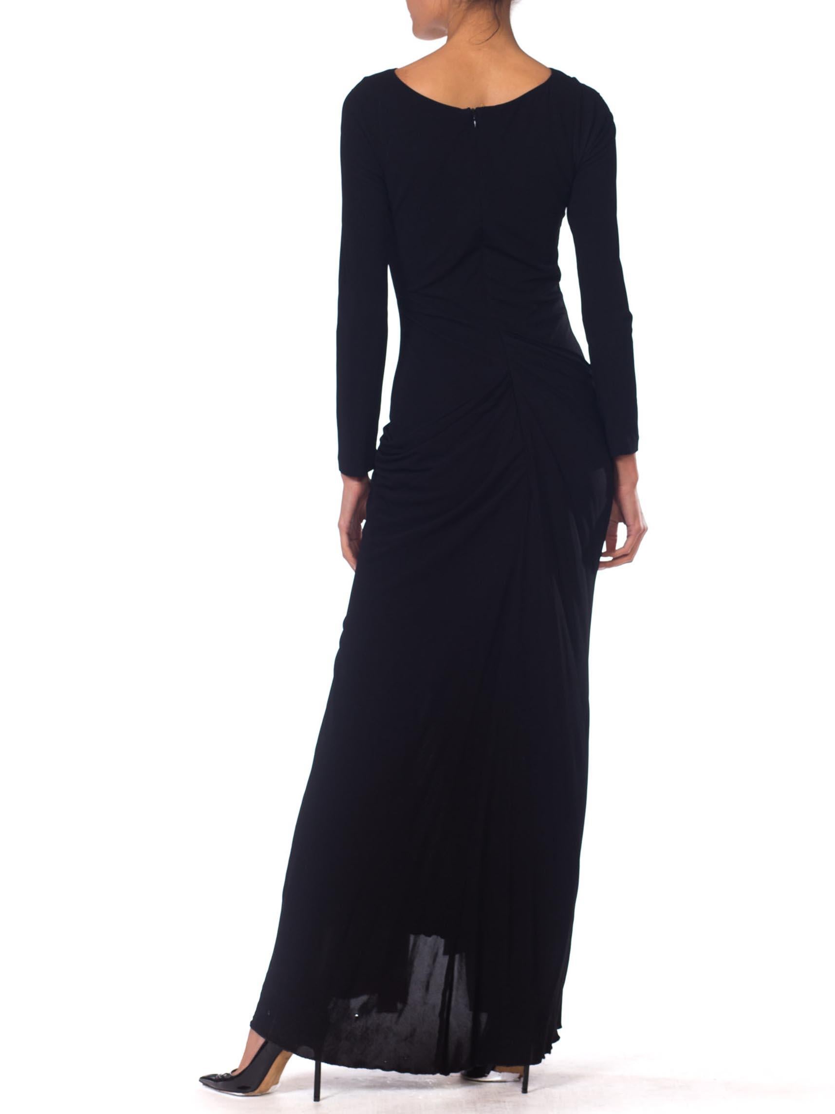 1990S Black Viscose Jersey Slim Line Long Sleeve High Slit Gown In Good Condition In New York, NY