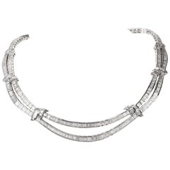  1990s Baguette Diamond 18 Karat White Gold Link Choker Necklace