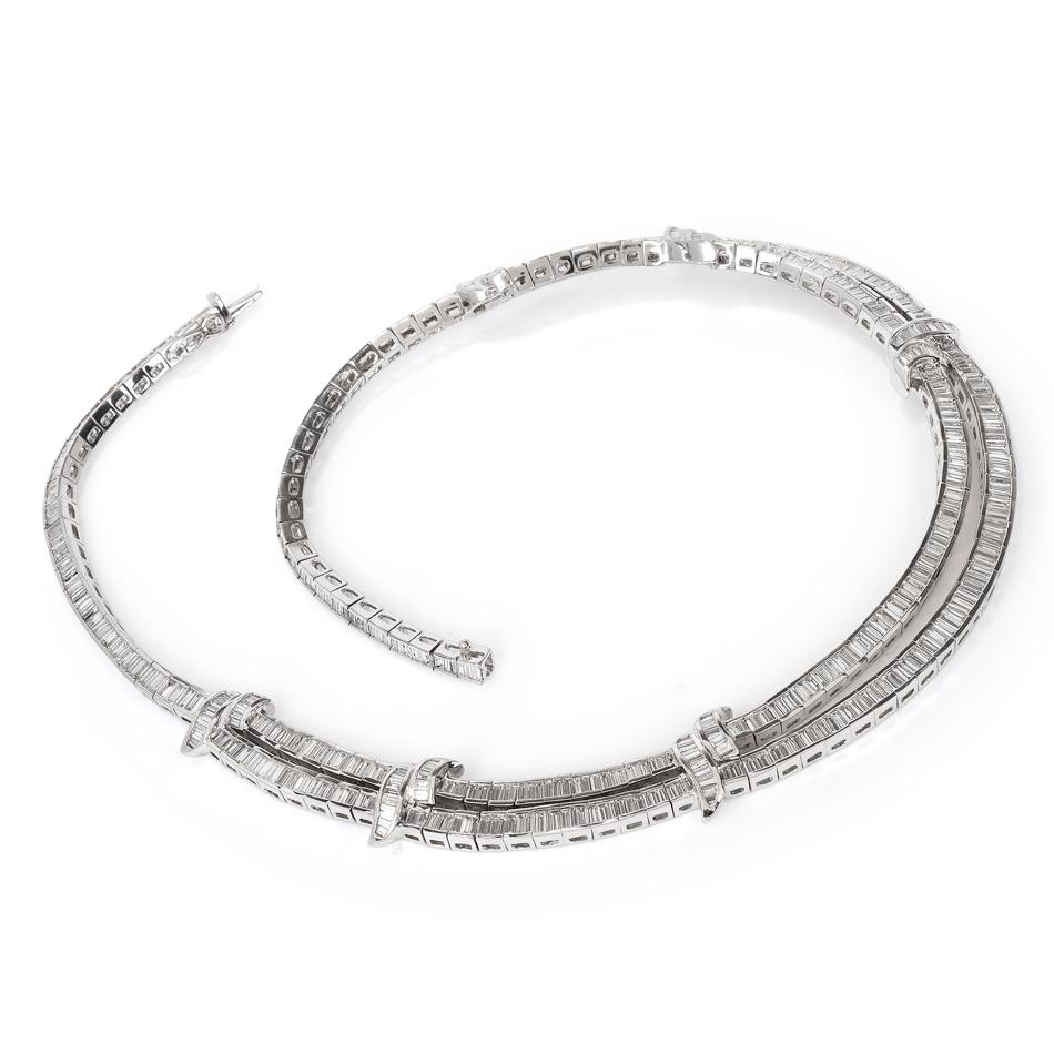 Women's  1990s Baguette Diamond 18 Karat White Gold Link Choker Necklace