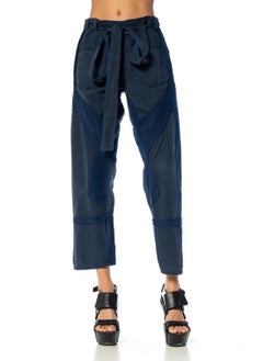 1990S BALENCIAGA Navy Blue Rayon Pants With Fabric Belt
