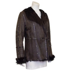 1990s Balmain Brown Leather and Fur Coat with Rhinestones