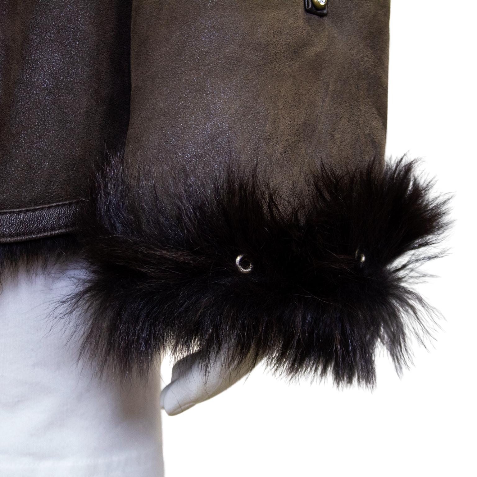 Black 1990s Balmain Brown Leather and Fur Coat with Rhinestones For Sale