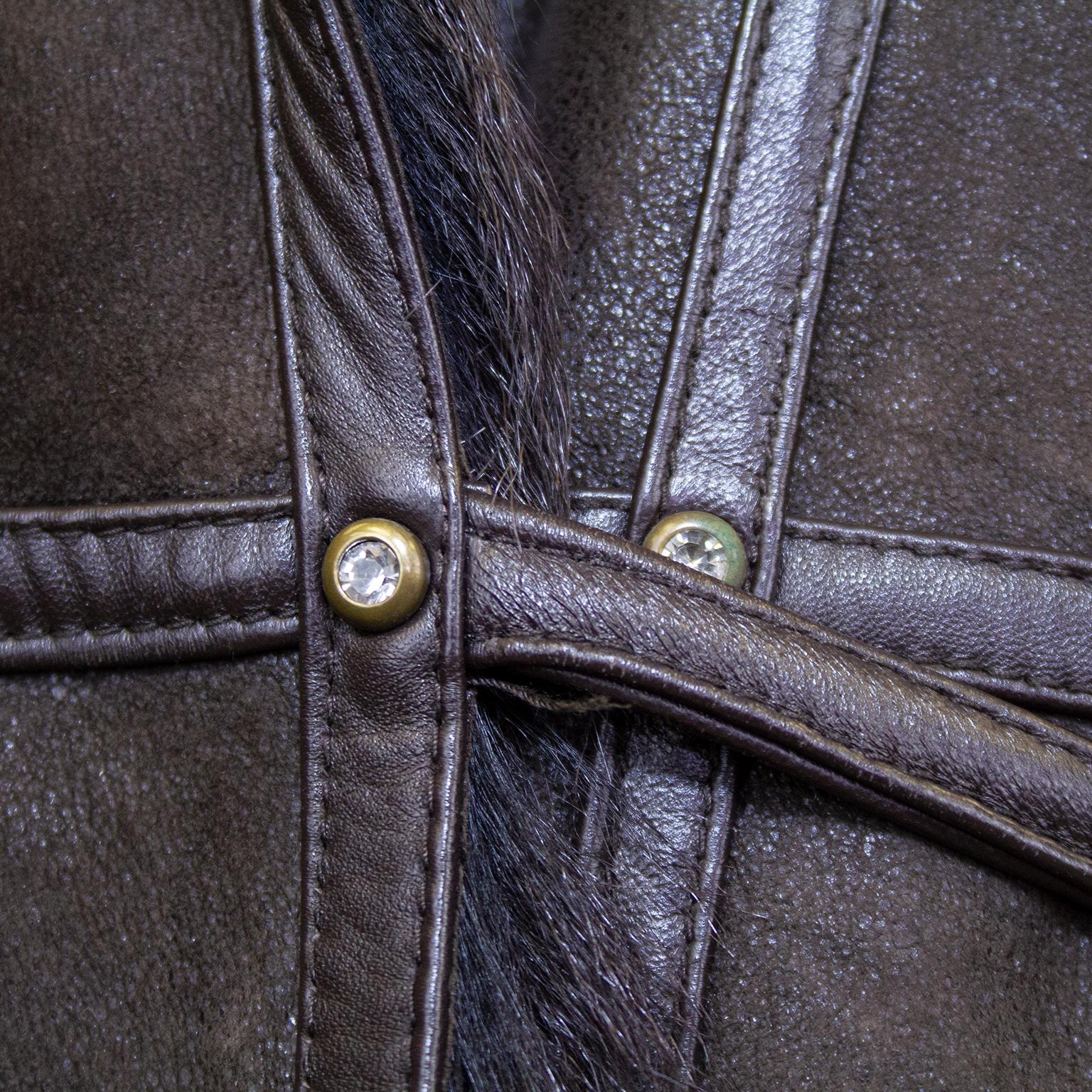 1990s Balmain Brown Leather and Fur Coat with Rhinestones In Good Condition For Sale In Toronto, Ontario