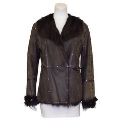 Vintage 1990s Balmain Brown Leather and Fur Coat with Rhinestones 