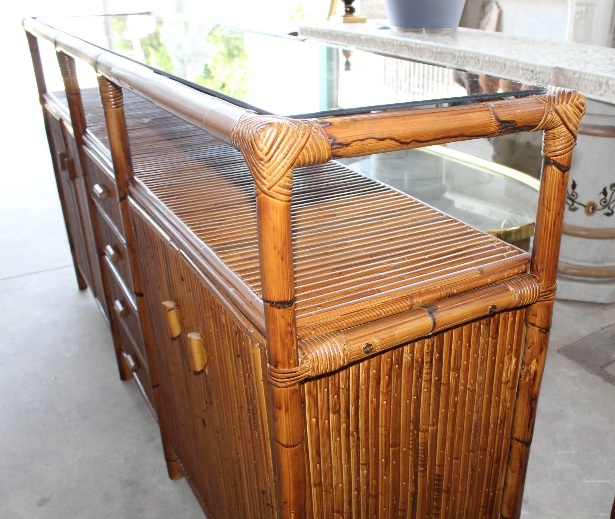 Pressed 1990s Bamboo Spanish Sideboard with Glass Top