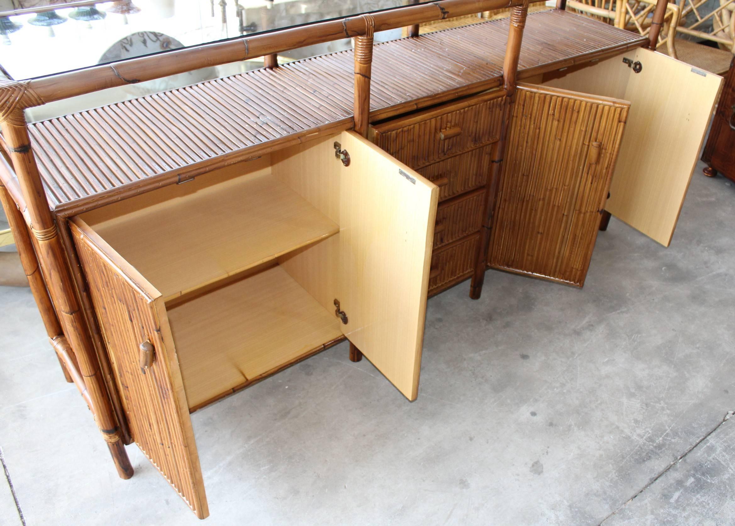 1990s Bamboo Spanish Sideboard with Glass Top 1