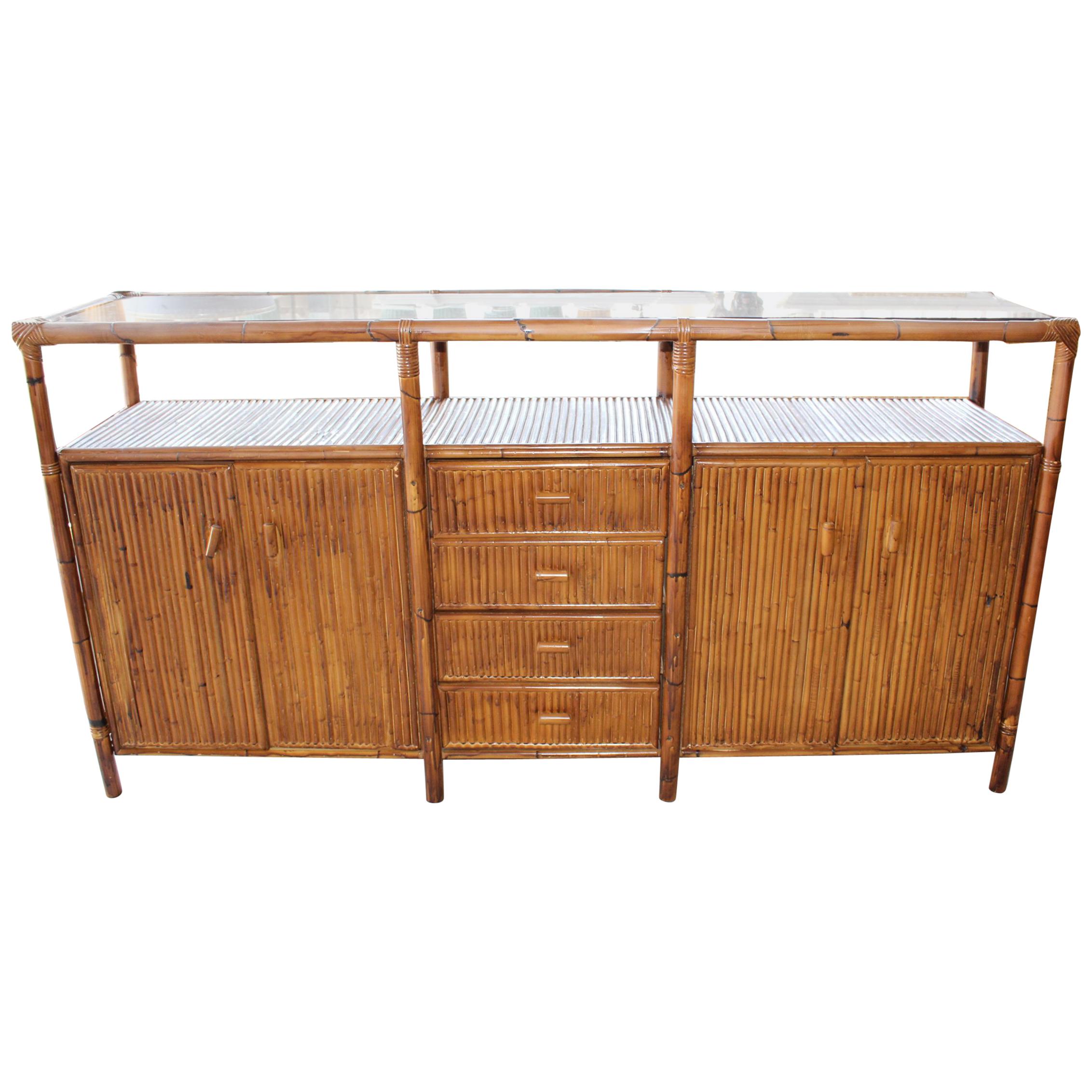 1990s Bamboo Spanish Sideboard with Glass Top