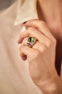 1990s Baroda-Style 18kt Gold Tourmaline, Emerald, Ruby, Diamond Ring
